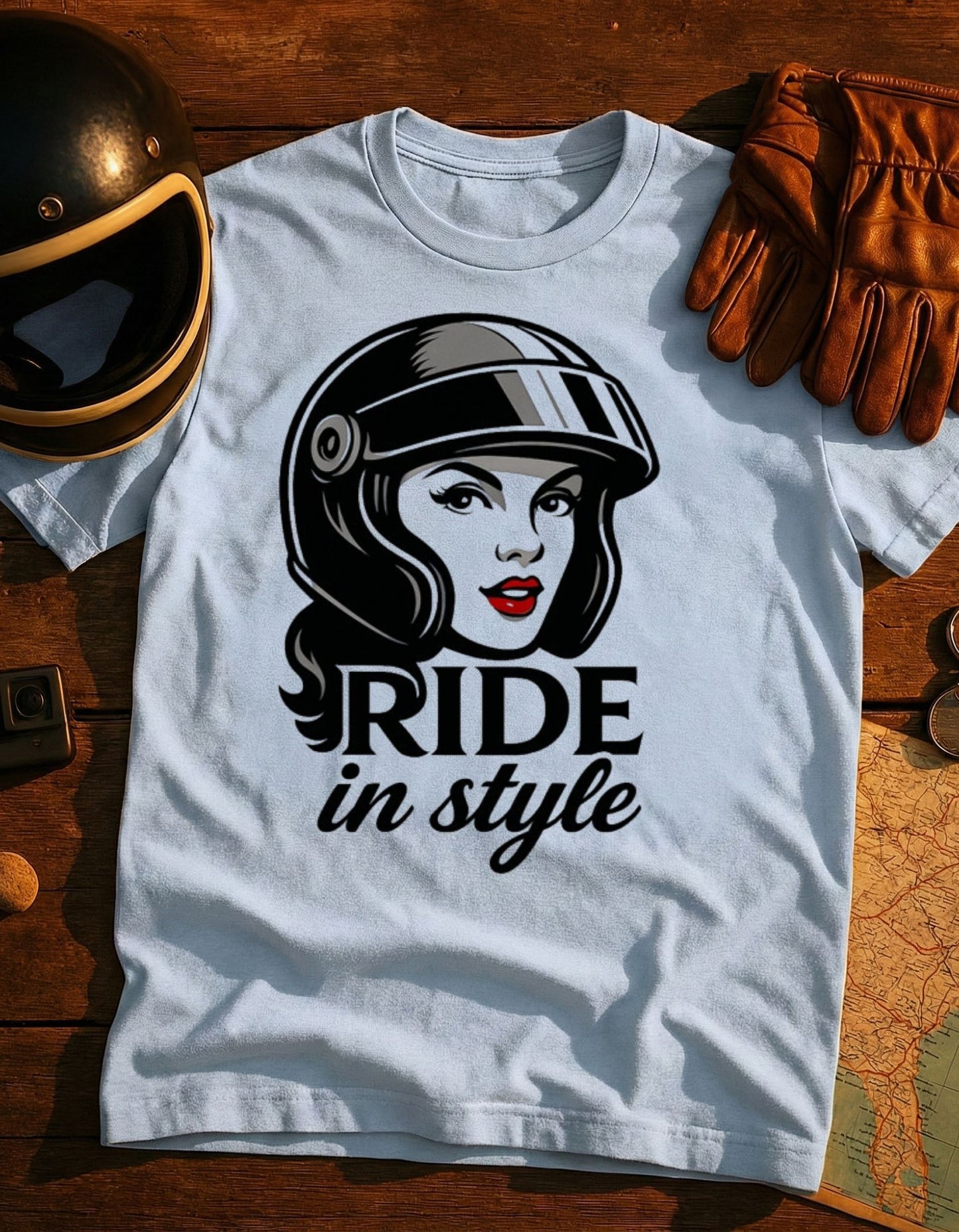 Ride in Style T-Shirt — Retro Female Biker Helmet Graphic
