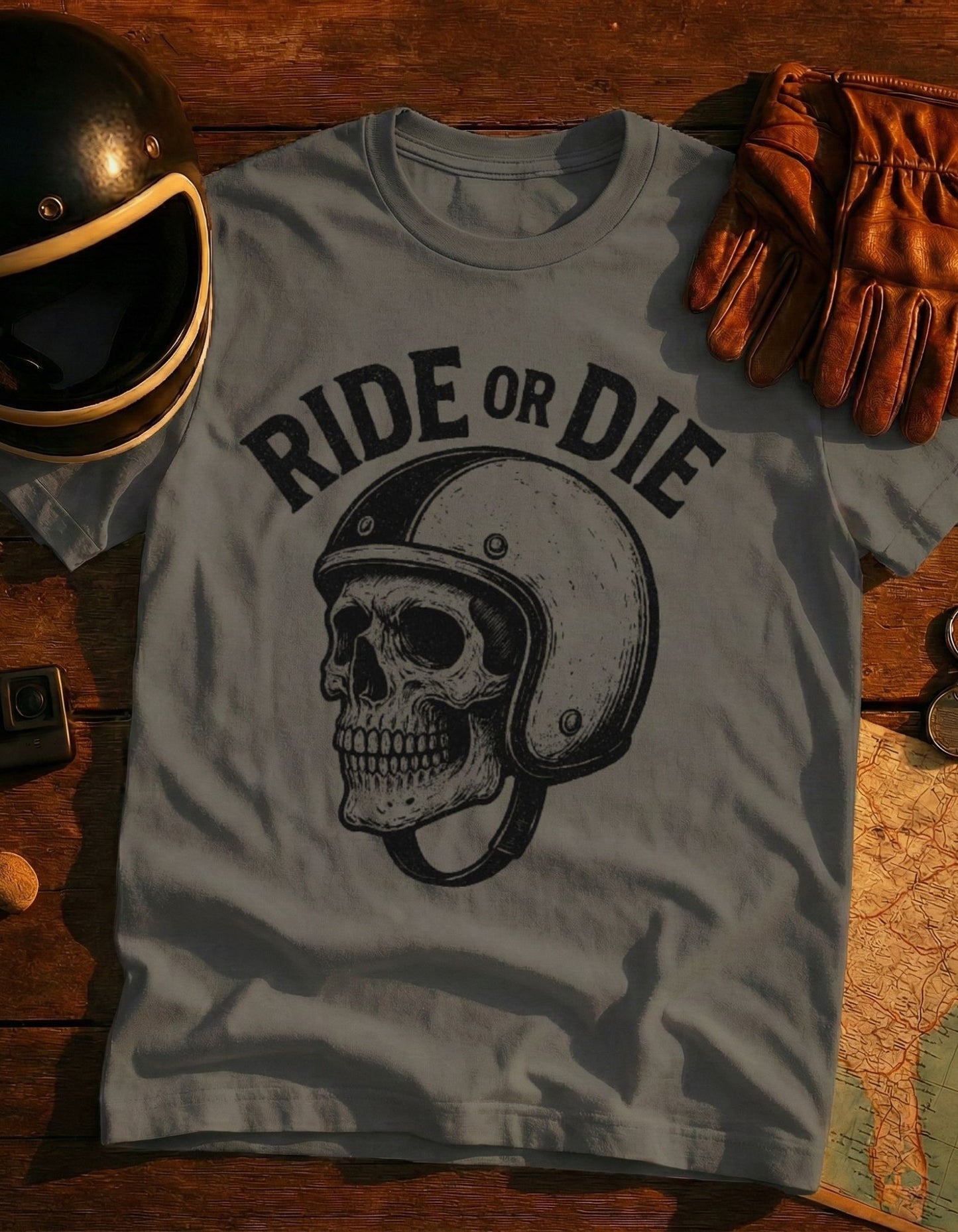 Ride or Die Skull T-Shirt — Vintage Biker Helmet Graphic Tee