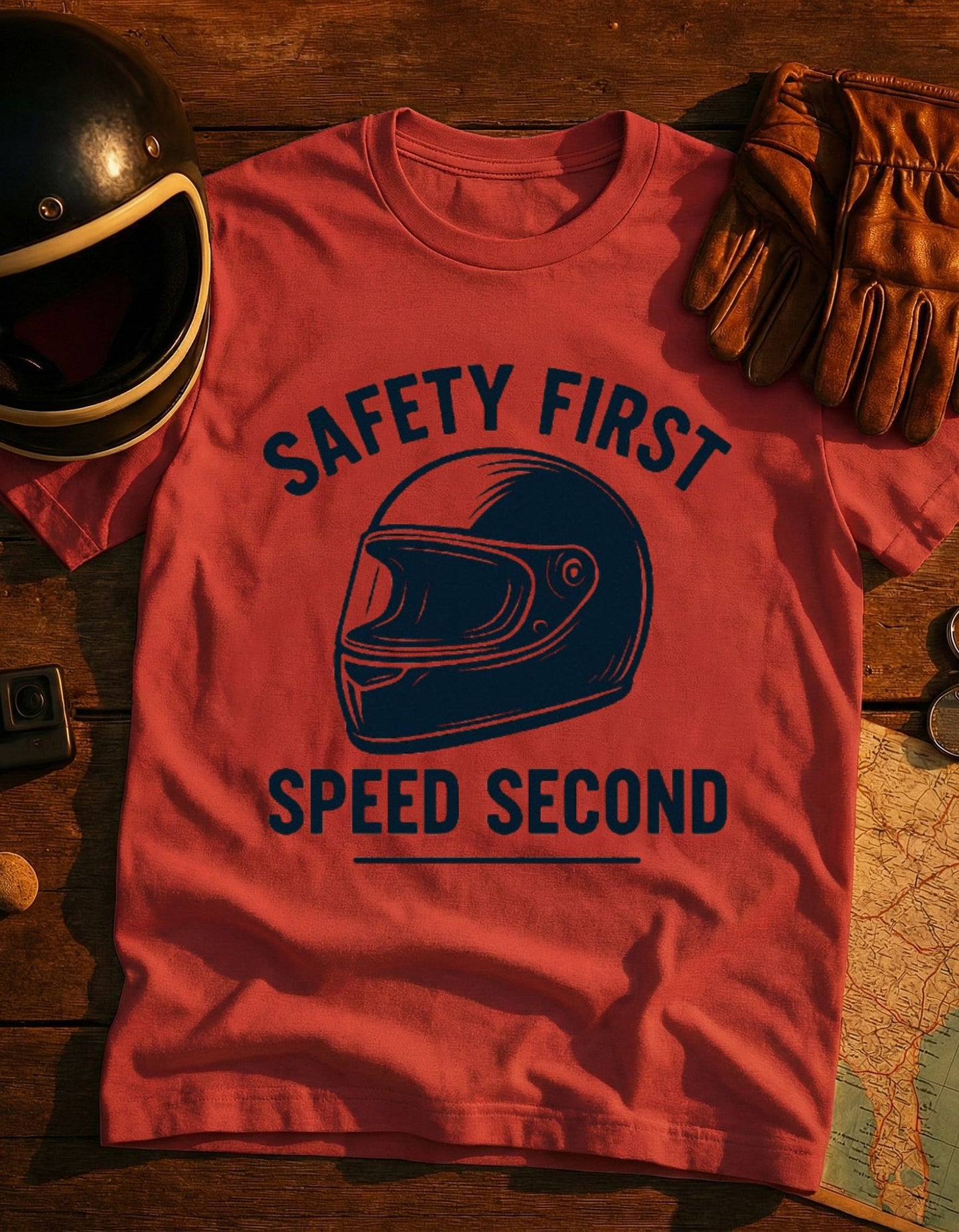 Safety First Speed Second T-Shirt — Motorcycle Helmet Graphic Tee