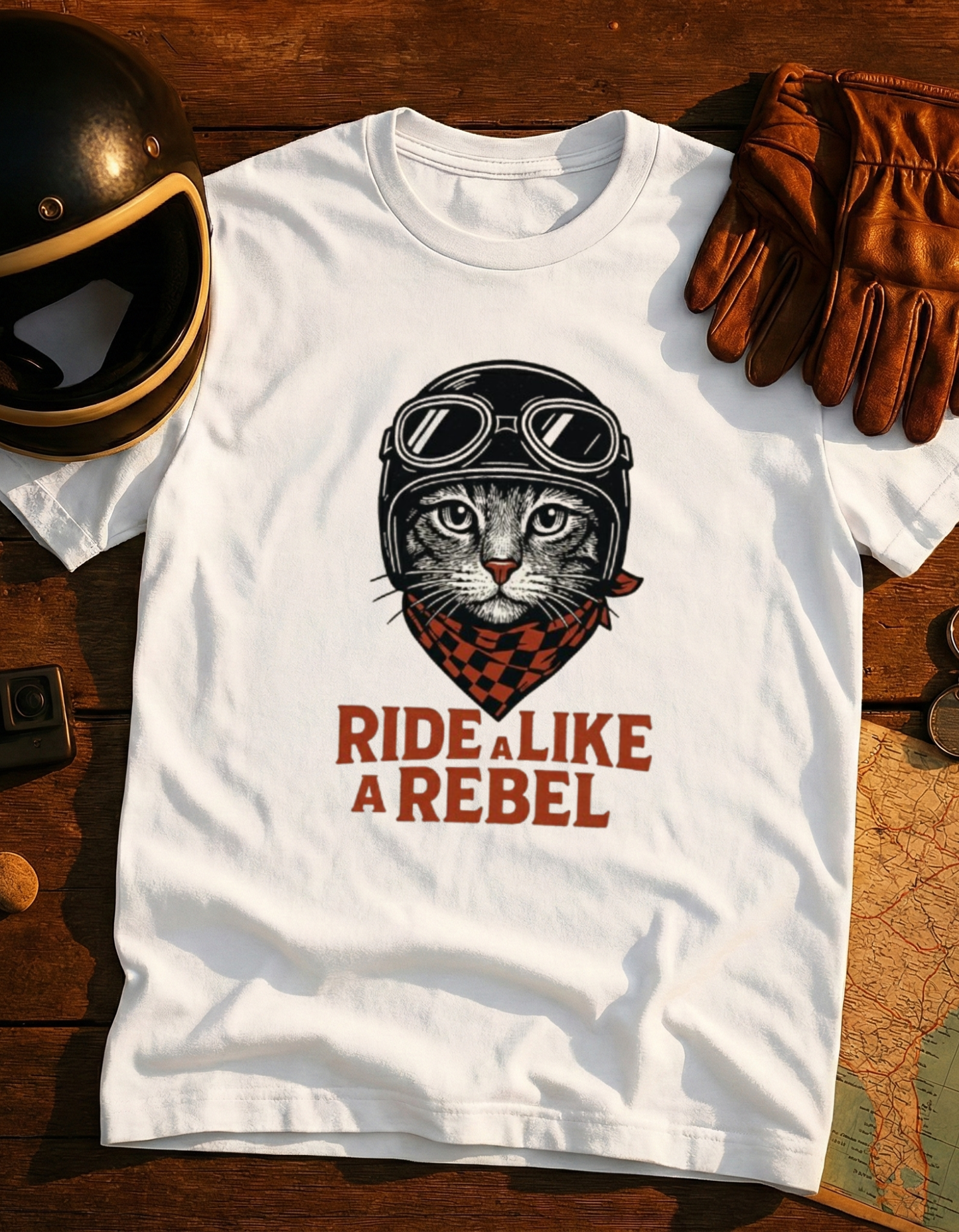 Ride Like a Rebel Cat T-Shirt — Vintage Biker Cat Graphic Tee