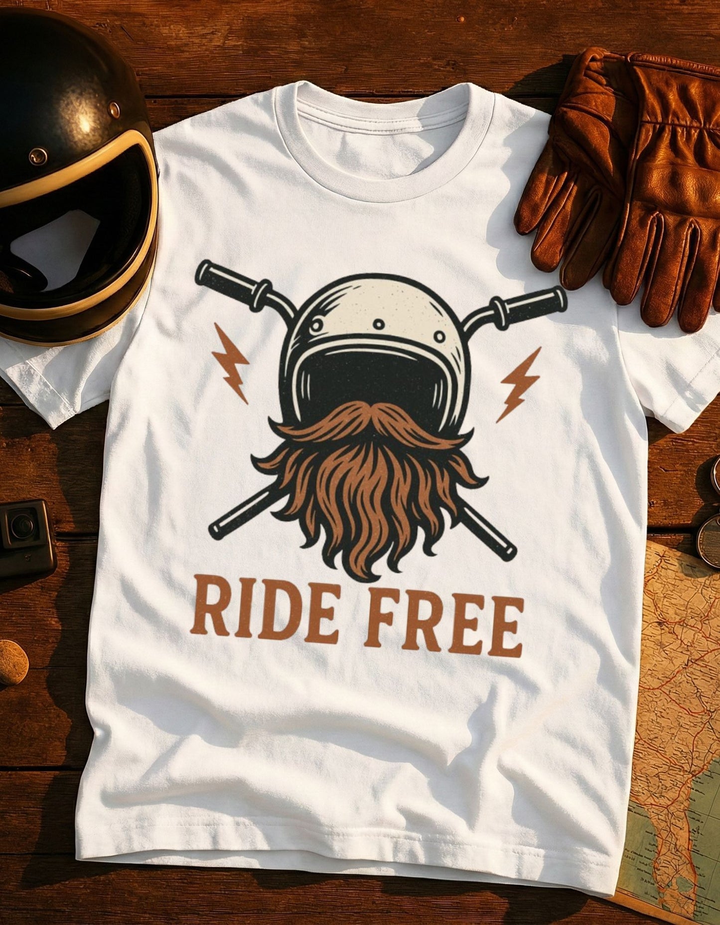 Ride Free Beard Helmet T-Shirt — Vintage Motorcycle Tee for Riders & Bikers