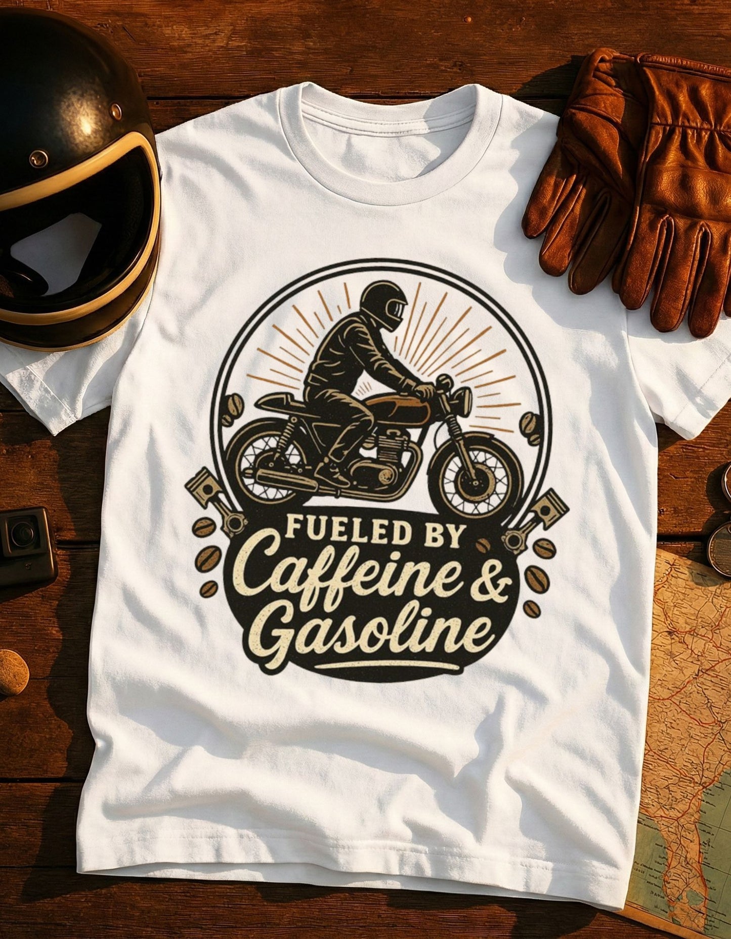 Caffeine & Gasoline Motorcycle T-Shirt — Fueled By Caffeine & Gasoline Biker Tee