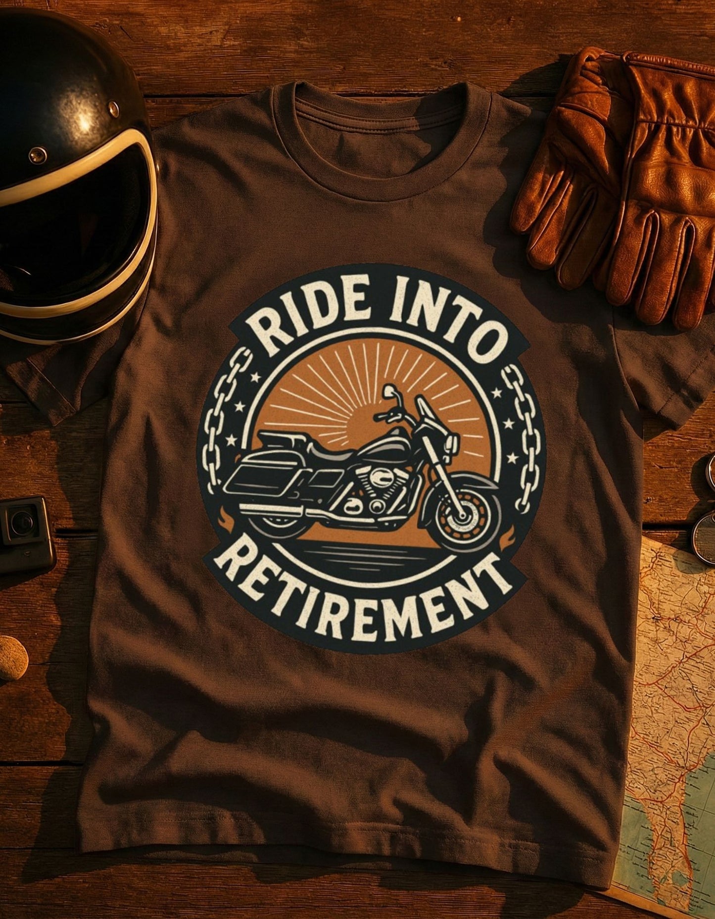 Ride Into Retirement Motorcycle T‑Shirt — Funny Retirement Gift for Bikers