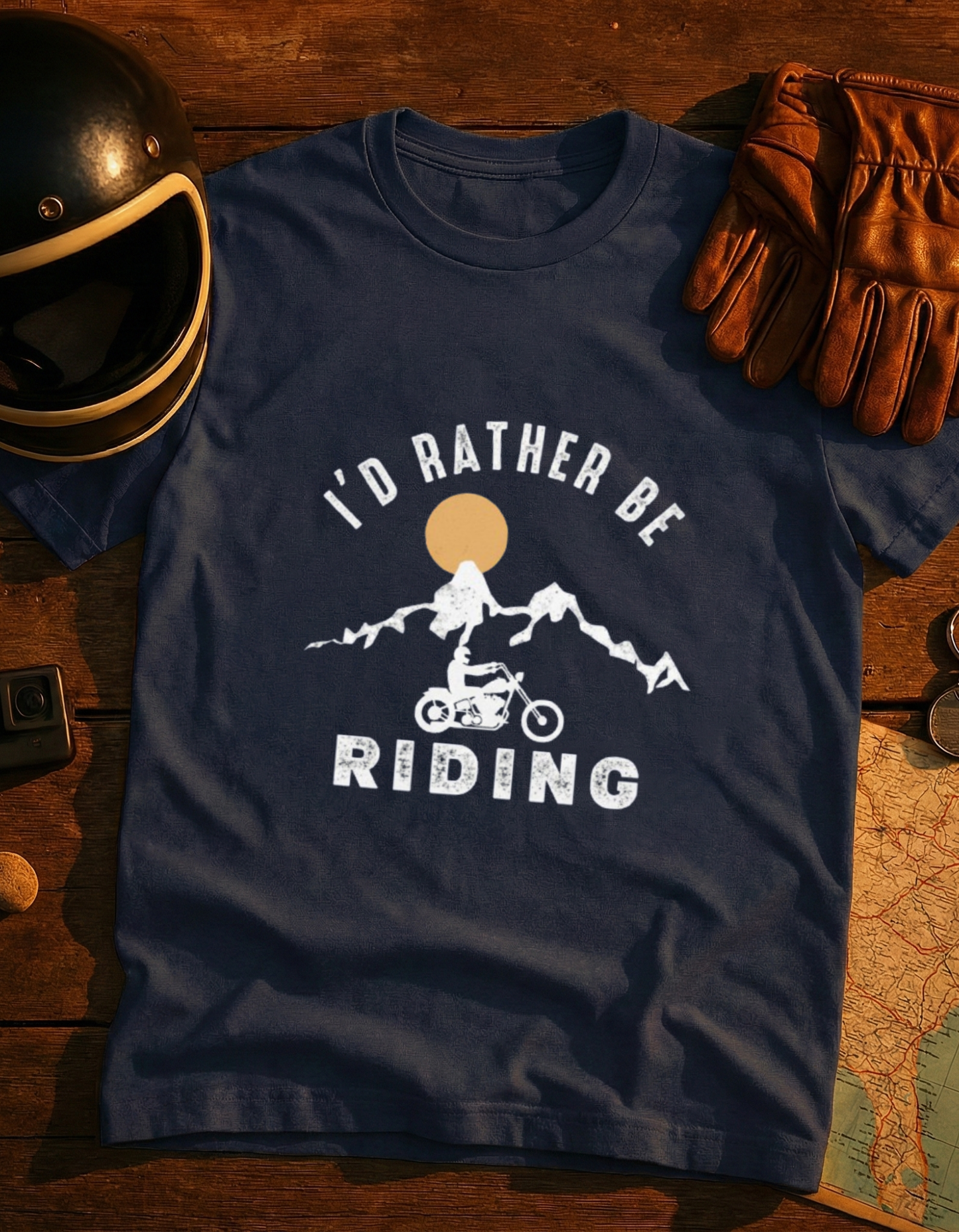 I’d Rather Be Riding Motorcycle T-Shirt – Adventure Biker Tee with Mountain Sunset