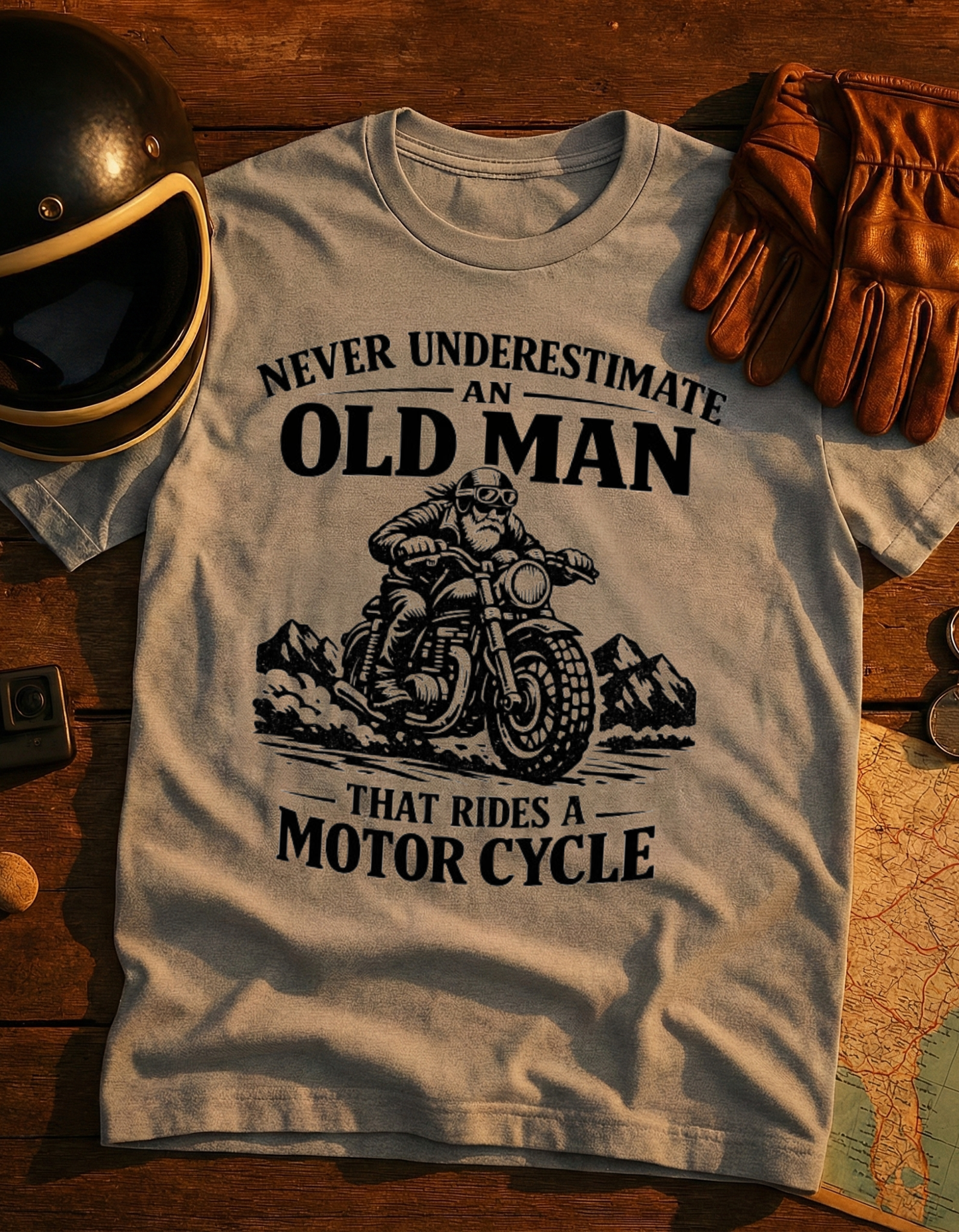 Never Underestimate an Old Man That Rides a Motorcycle T-Shirt — Vintage Biker Tee for Dad & Grandpa