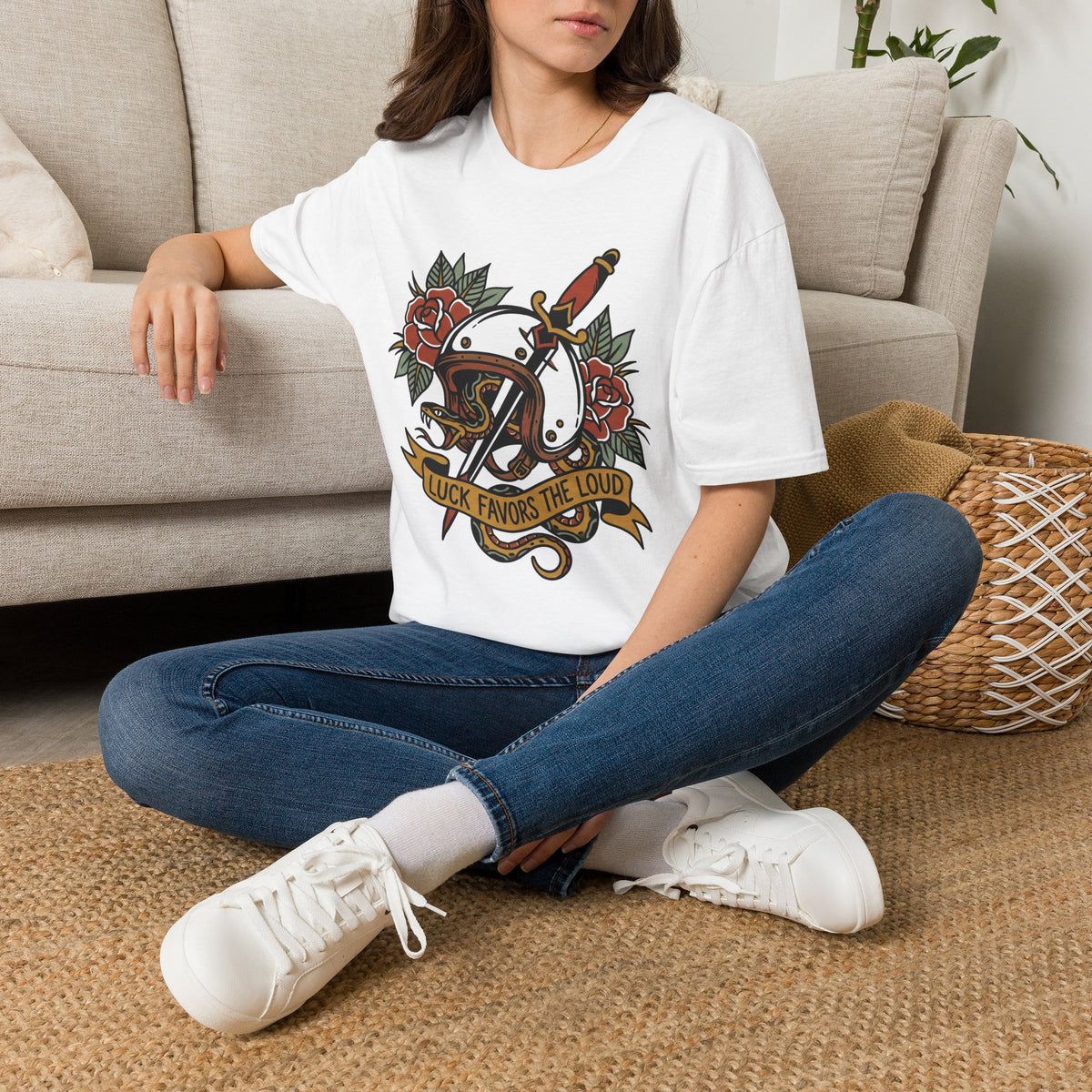 Tattoo-Style Horseshoe & Dagger T-Shirt — "Luck Favors the Bold" Graphic Tee