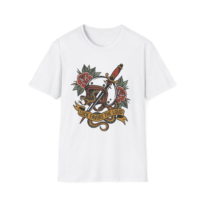 Tattoo-Style Horseshoe & Dagger T-Shirt — "Luck Favors the Bold" Graphic Tee
