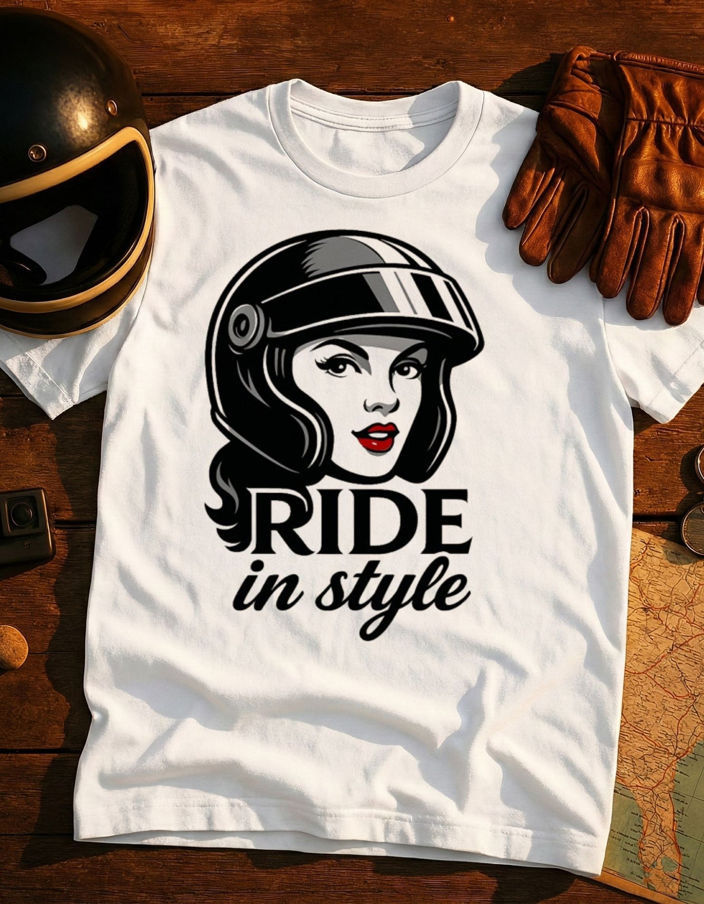 Ride in Style T-Shirt — Retro Female Biker Helmet Graphic