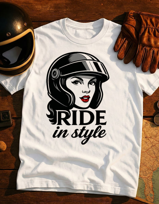 Ride in Style T-Shirt — Retro Female Biker Helmet Graphic