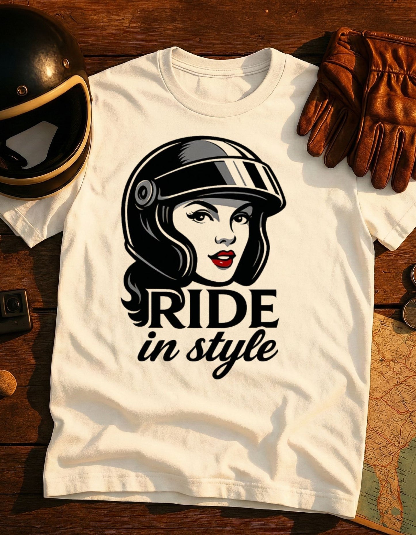 Ride in Style T-Shirt — Retro Female Biker Helmet Graphic