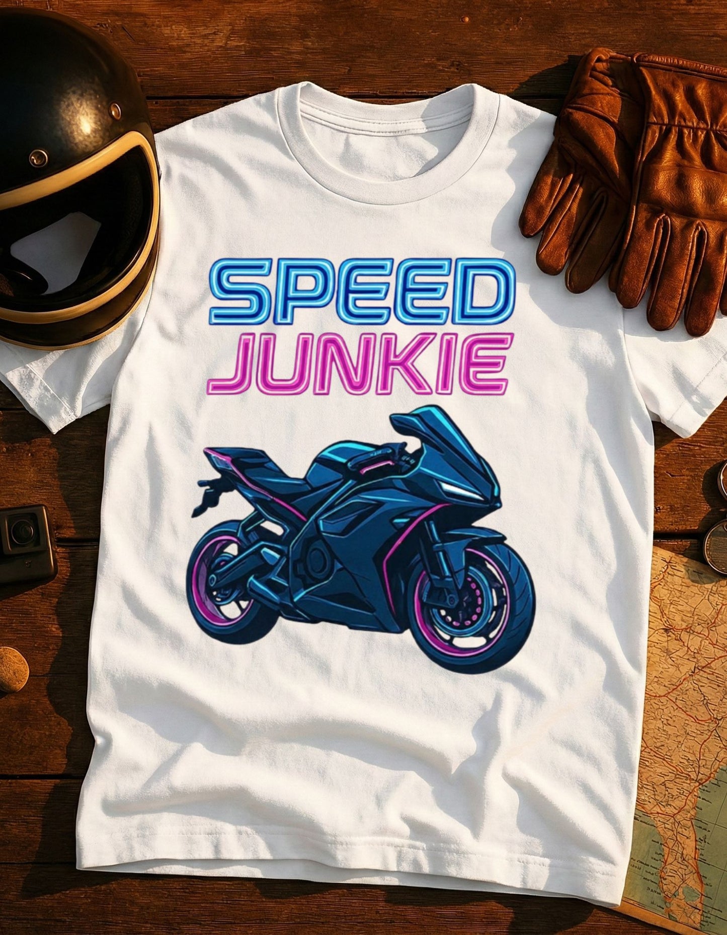 Speed Junkie Motorcycle T-Shirt – Retro Neon Sportbike Tee for Riders & Bike Enthusiasts