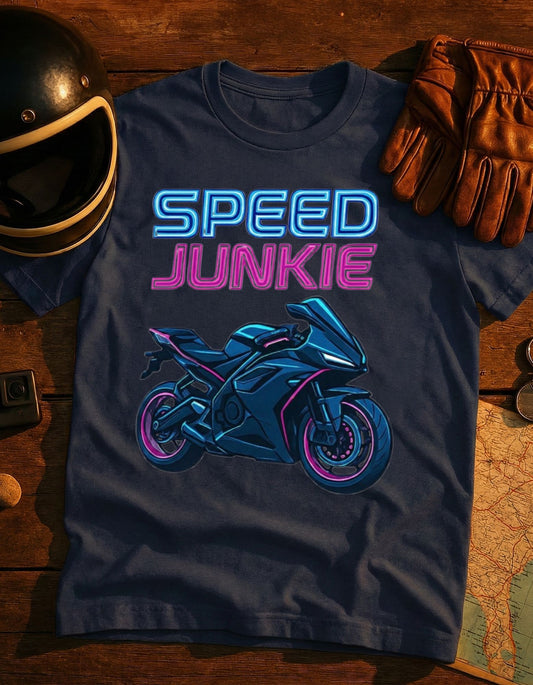 Speed Junkie Motorcycle T-Shirt – Retro Neon Sportbike Tee for Riders & Bike Enthusiasts