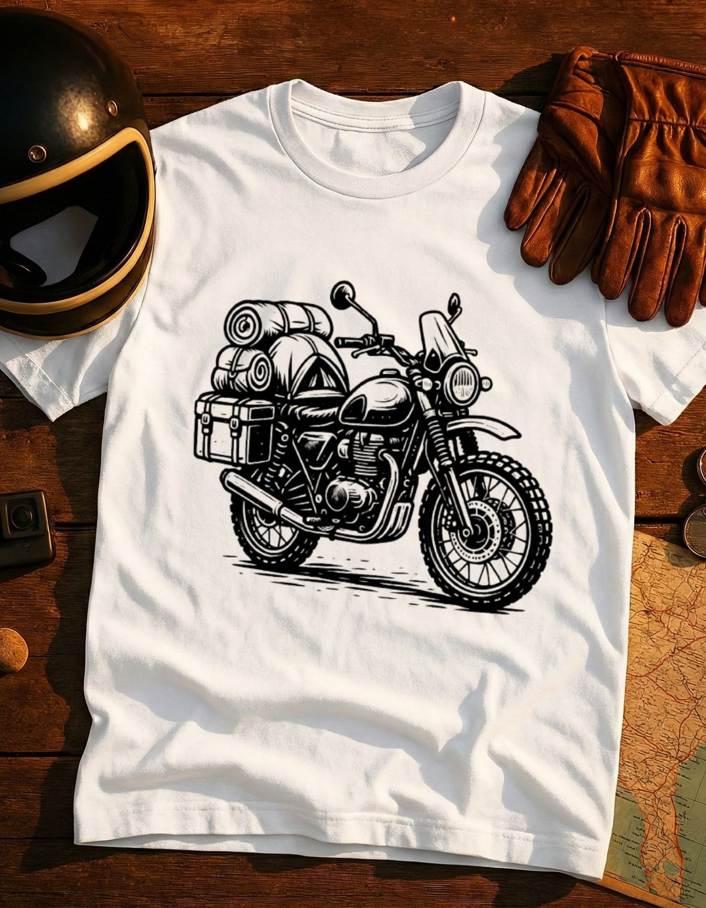Vintage Motorcycle T-Shirt — Hand-Drawn Touring Bike Illustration