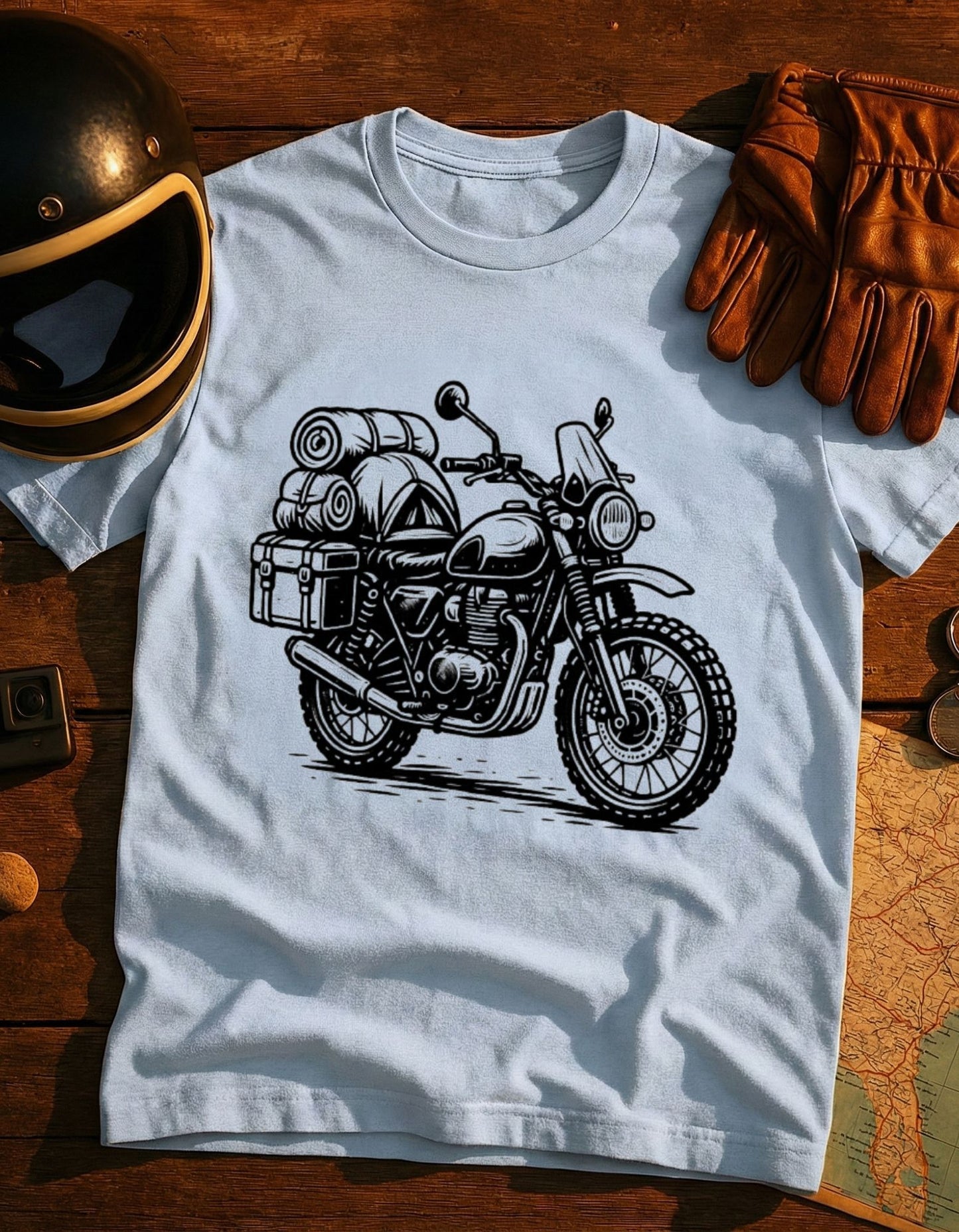 Vintage Motorcycle T-Shirt — Hand-Drawn Touring Bike Illustration