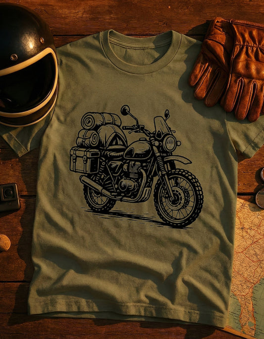 Vintage Motorcycle T-Shirt — Hand-Drawn Touring Bike Illustration