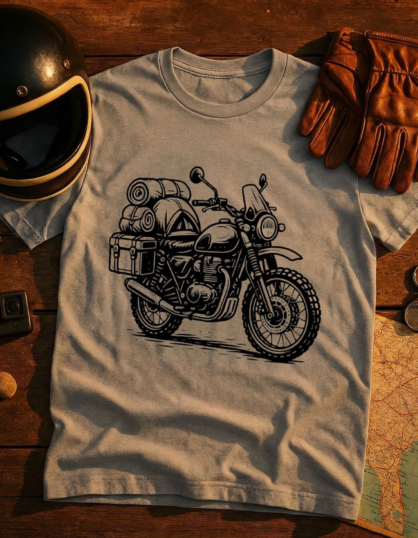 Vintage Motorcycle T-Shirt — Hand-Drawn Touring Bike Illustration