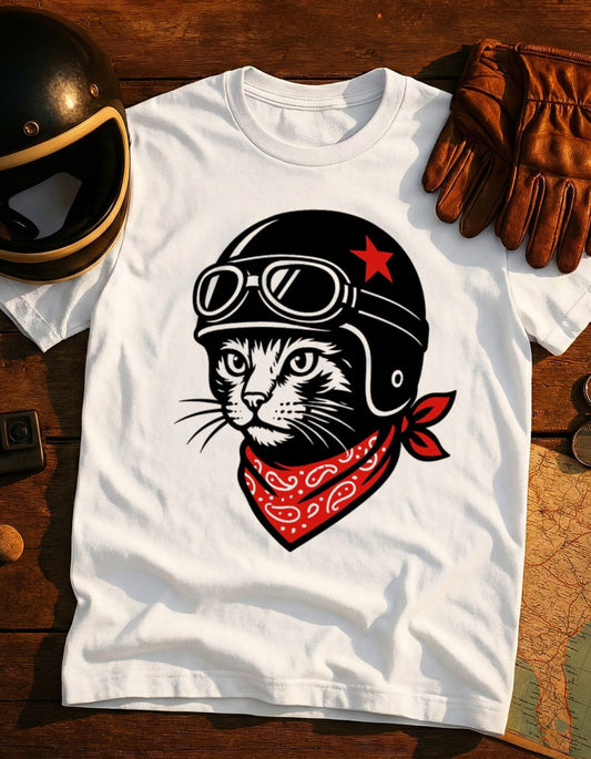 Biker Cat T-Shirt — Vintage Helmet & Bandana Motorcycle Graphic Tee