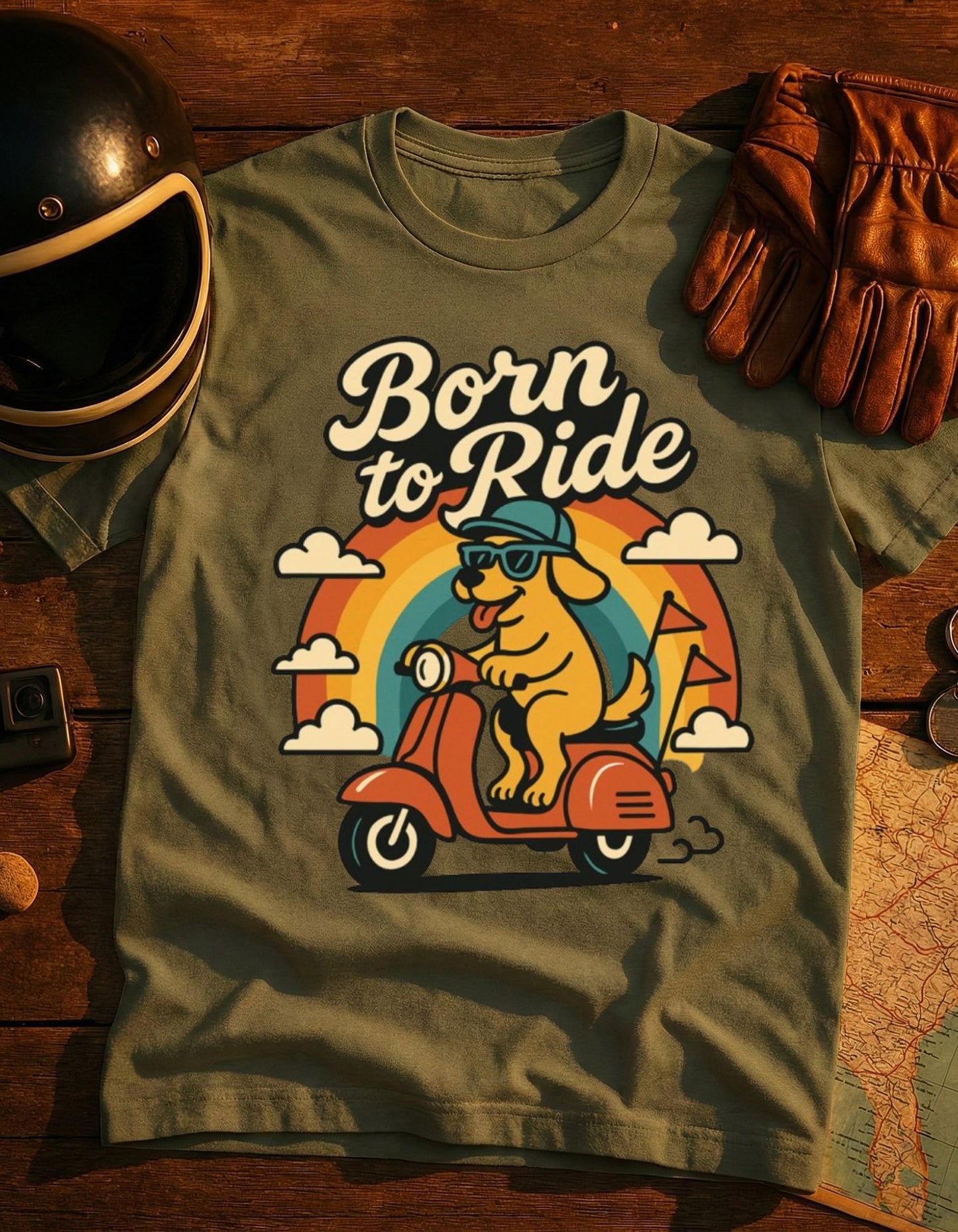 Born to Ride Scooter T-Shirt — Vintage Retro Scooter Dog Graphic Tee