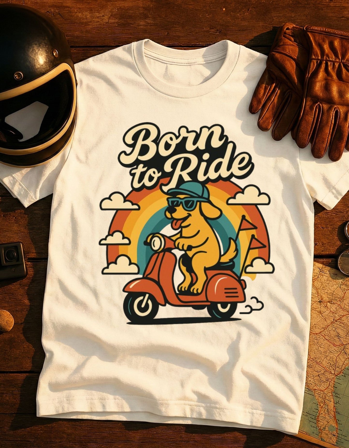Born to Ride Scooter T-Shirt — Vintage Retro Scooter Dog Graphic Tee