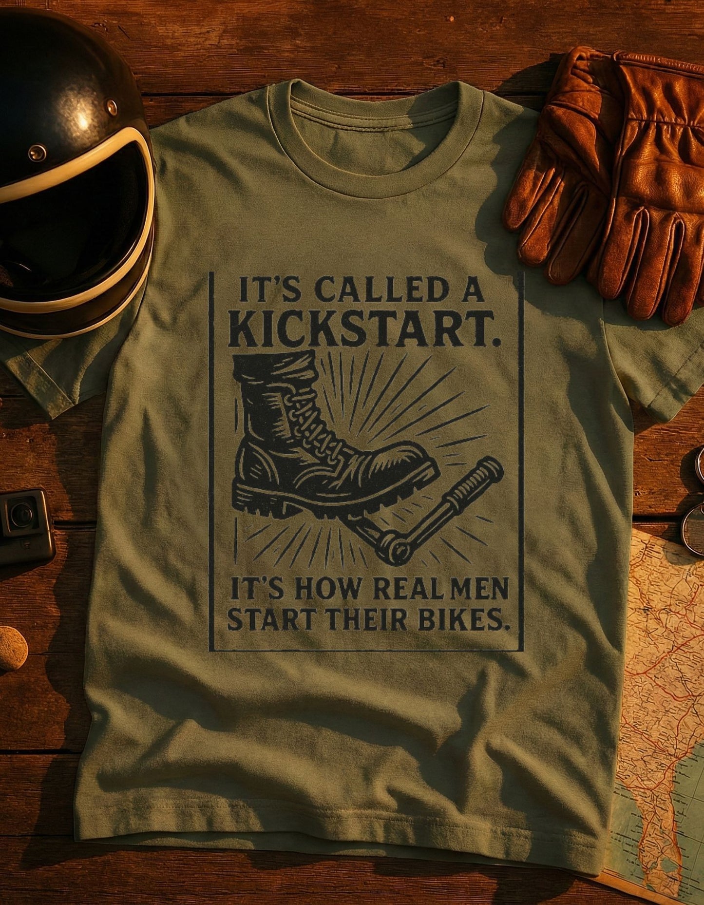 Kickstart Motorcycle T-Shirt — "It's Called a Kickstart. It's How Real Men Start Their Bikes."
