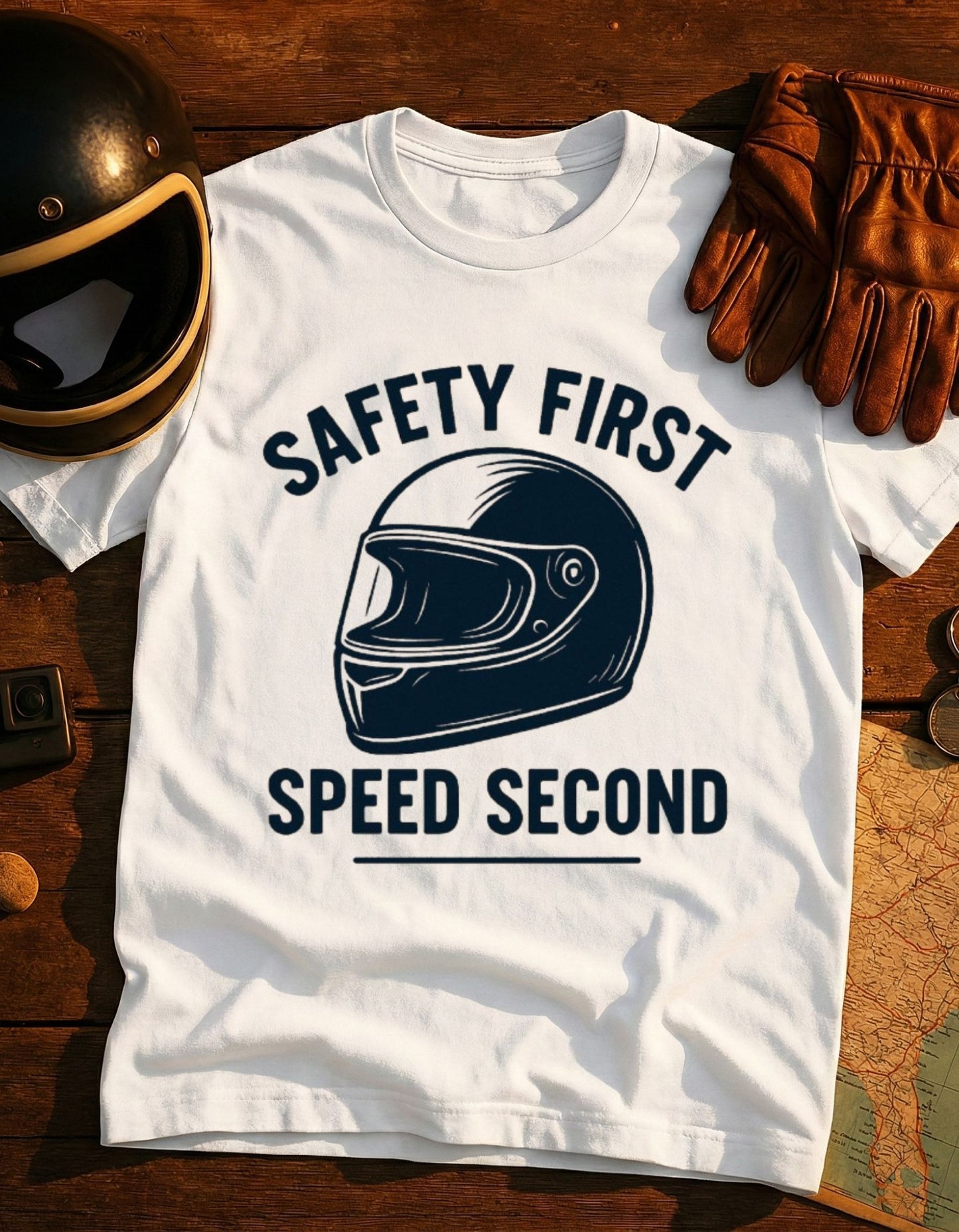 Safety First Speed Second T-Shirt — Motorcycle Helmet Graphic Tee
