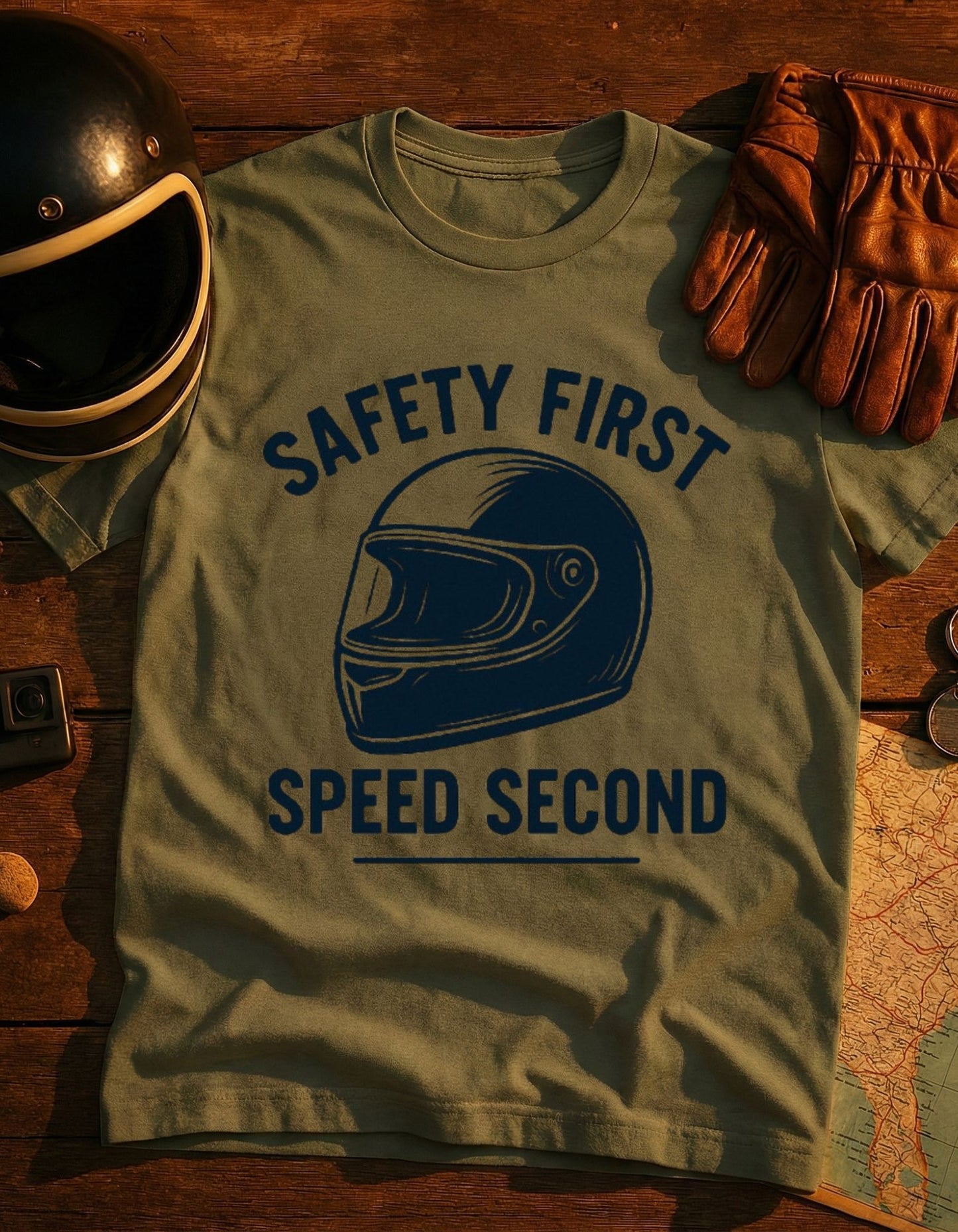 Safety First Speed Second T-Shirt — Motorcycle Helmet Graphic Tee