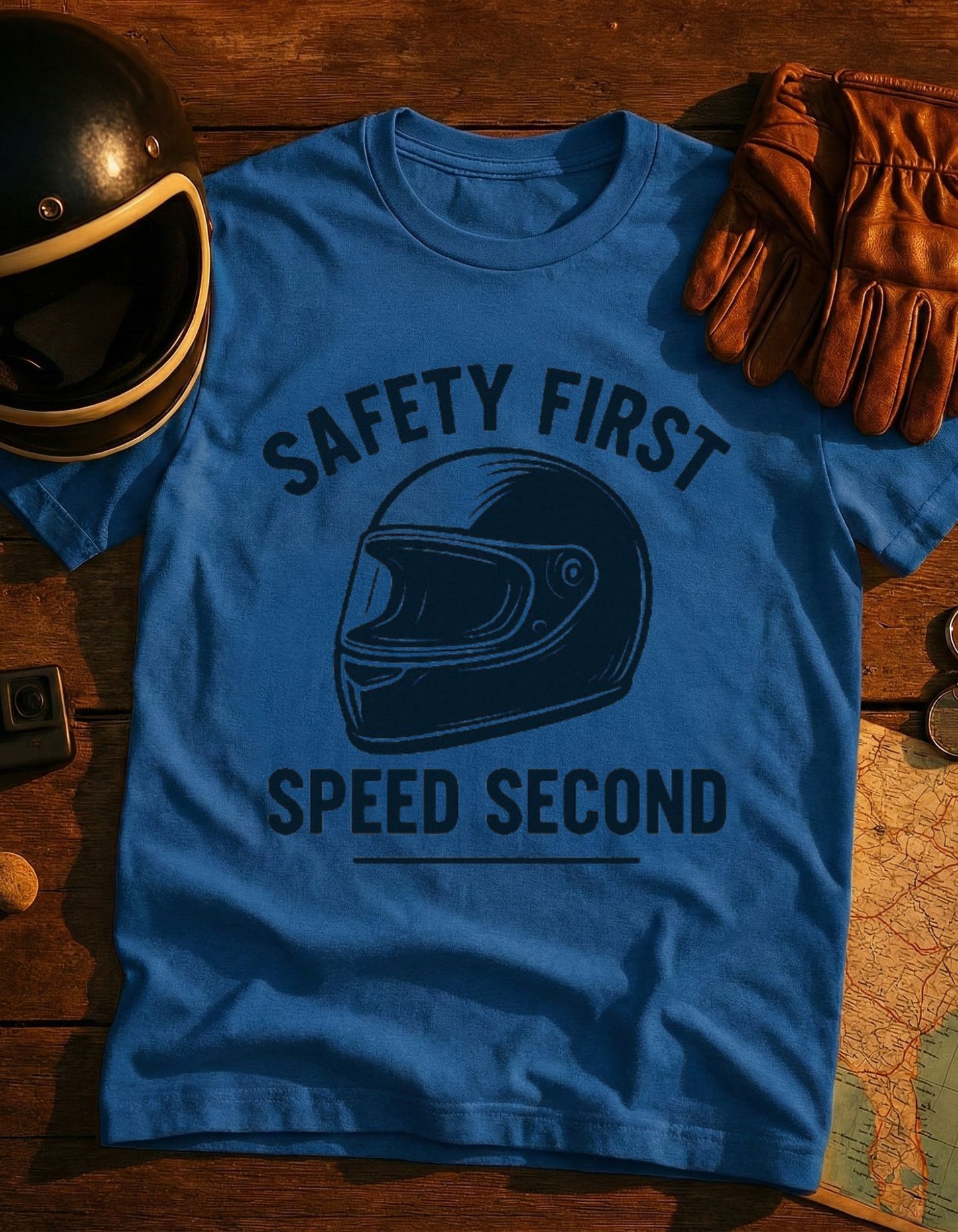 Safety First Speed Second T-Shirt — Motorcycle Helmet Graphic Tee