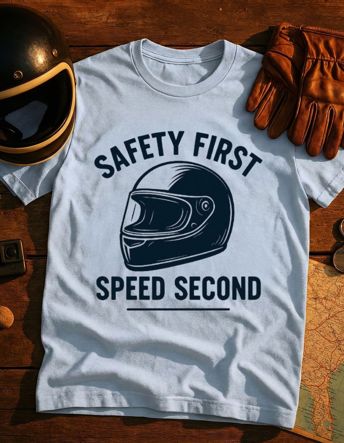 Safety First Speed Second T-Shirt — Motorcycle Helmet Graphic Tee