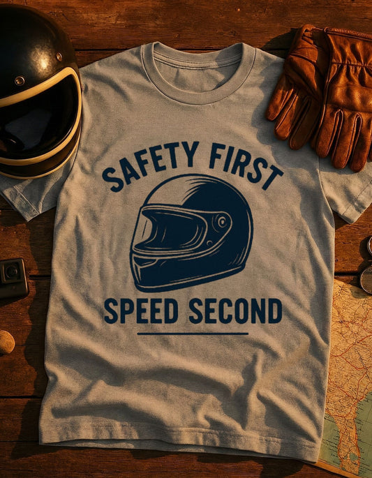 Safety First Speed Second T-Shirt — Motorcycle Helmet Graphic Tee