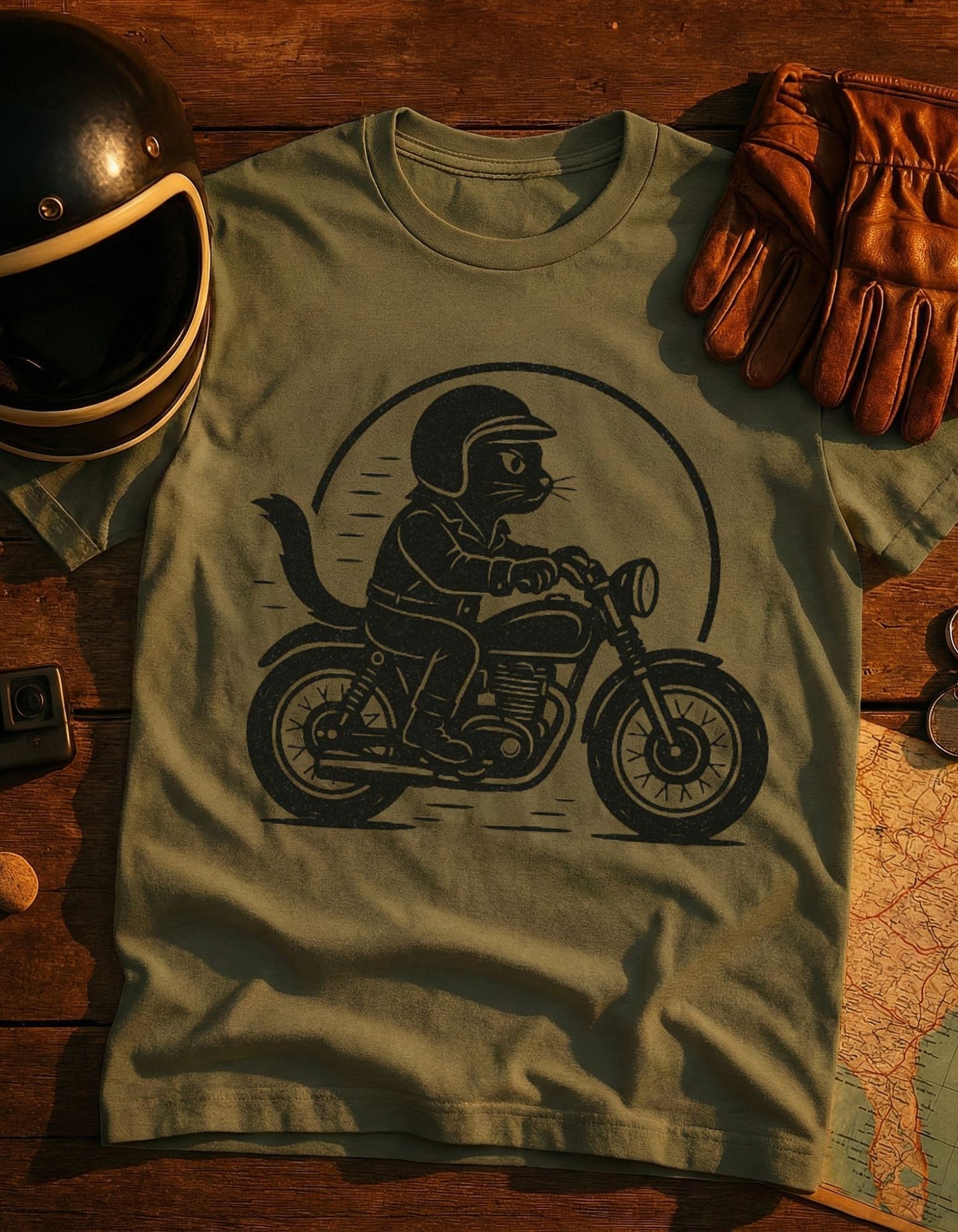 Cat Biker T‑Shirt — Retro Motorcycle Cat Riding Graphic Tee