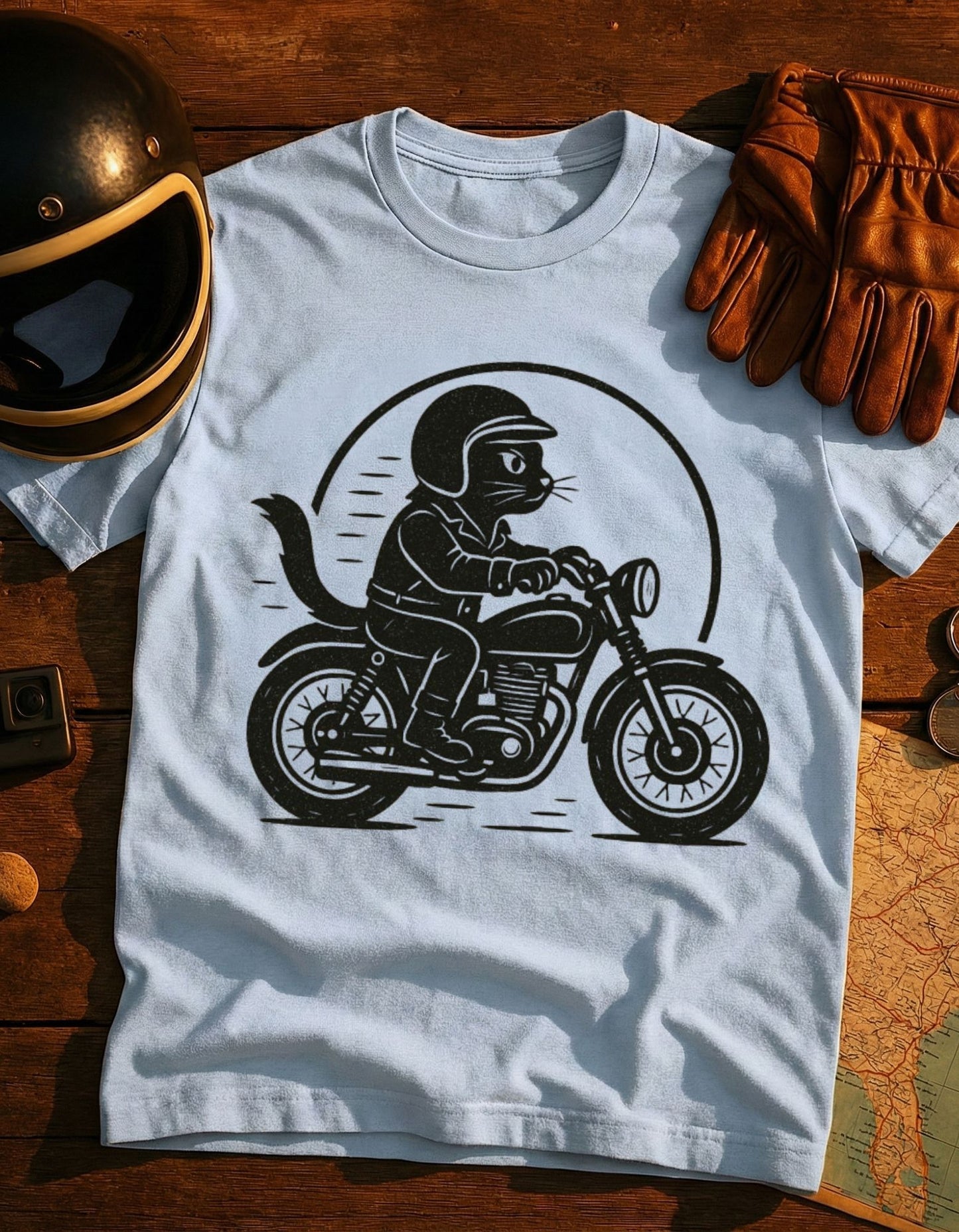 Cat Biker T‑Shirt — Retro Motorcycle Cat Riding Graphic Tee