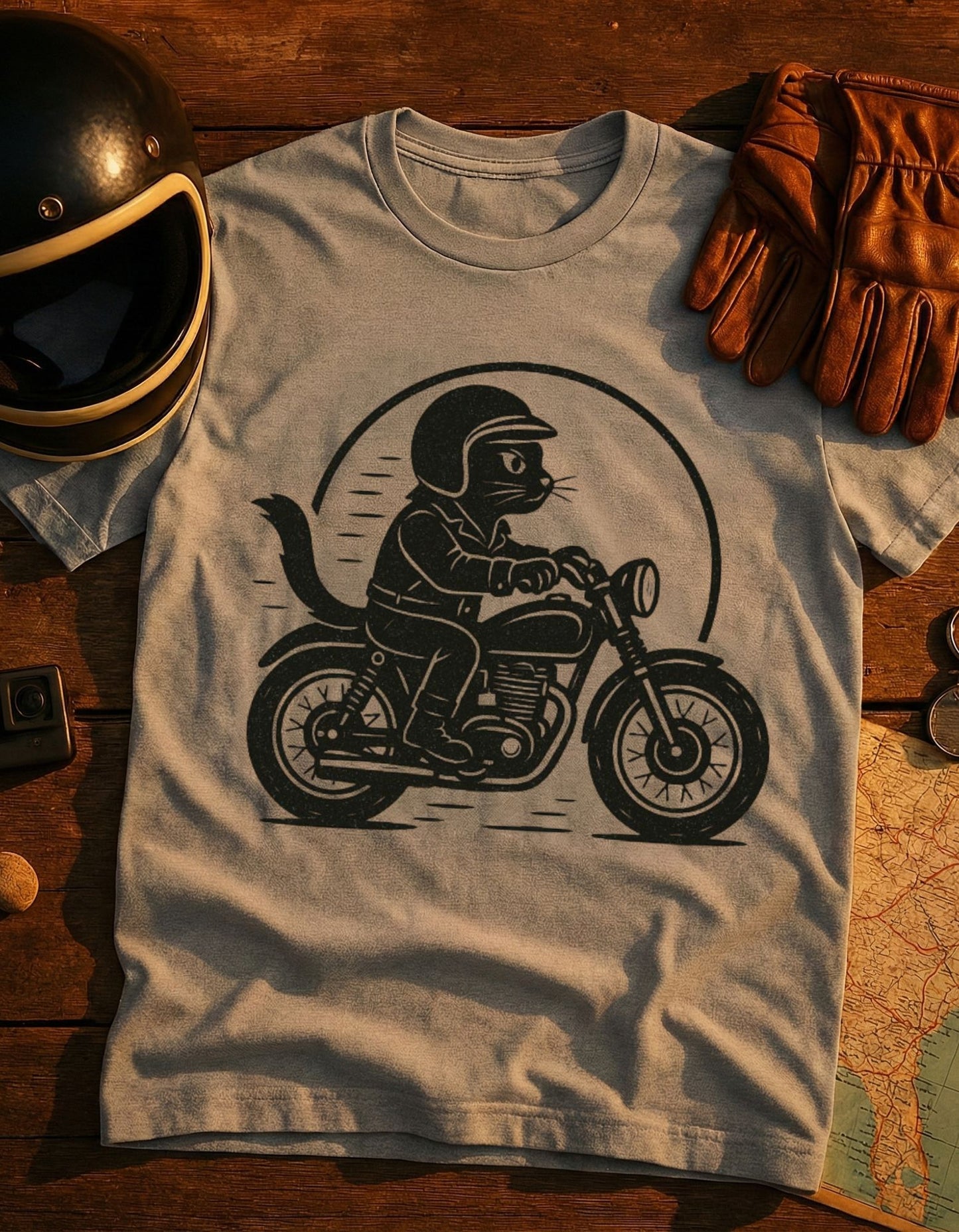 Cat Biker T‑Shirt — Retro Motorcycle Cat Riding Graphic Tee