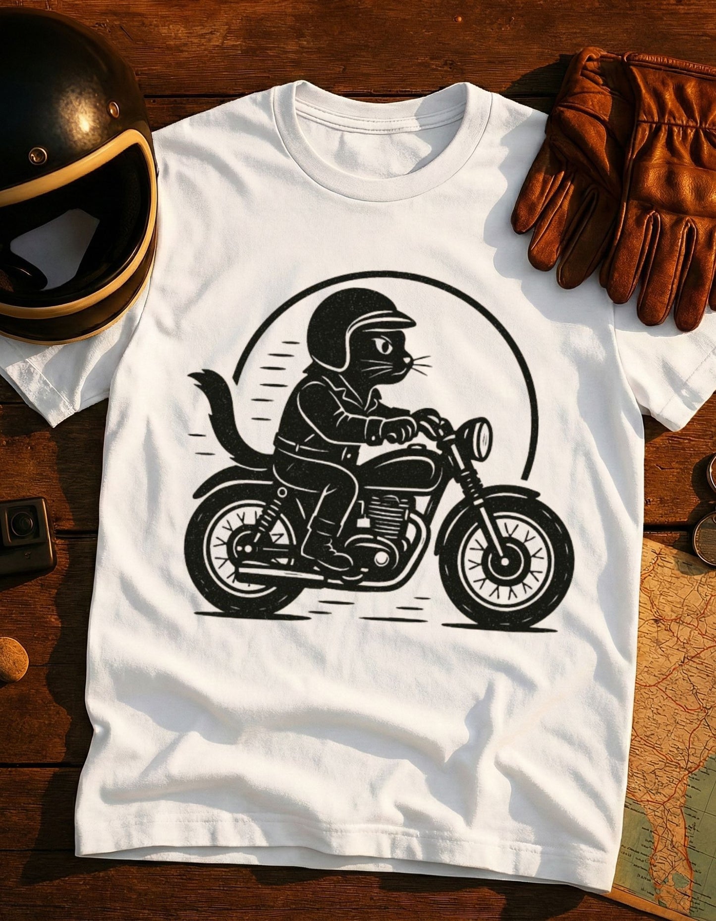Cat Biker T‑Shirt — Retro Motorcycle Cat Riding Graphic Tee