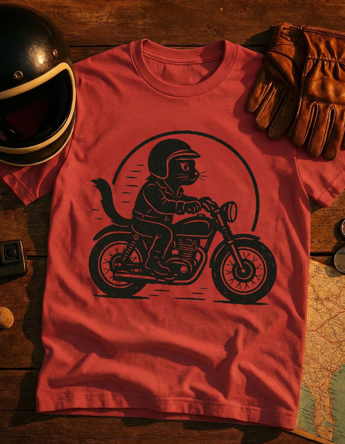 Cat Biker T‑Shirt — Retro Motorcycle Cat Riding Graphic Tee