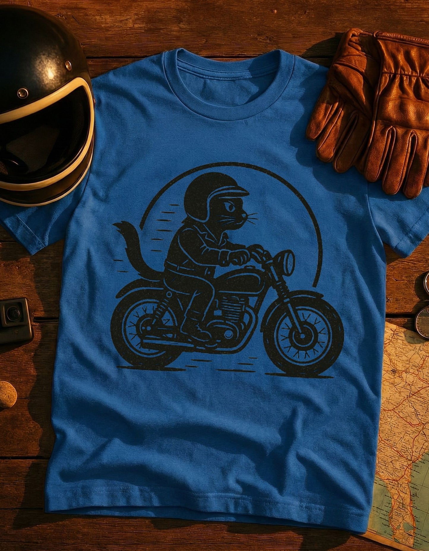 Cat Biker T‑Shirt — Retro Motorcycle Cat Riding Graphic Tee