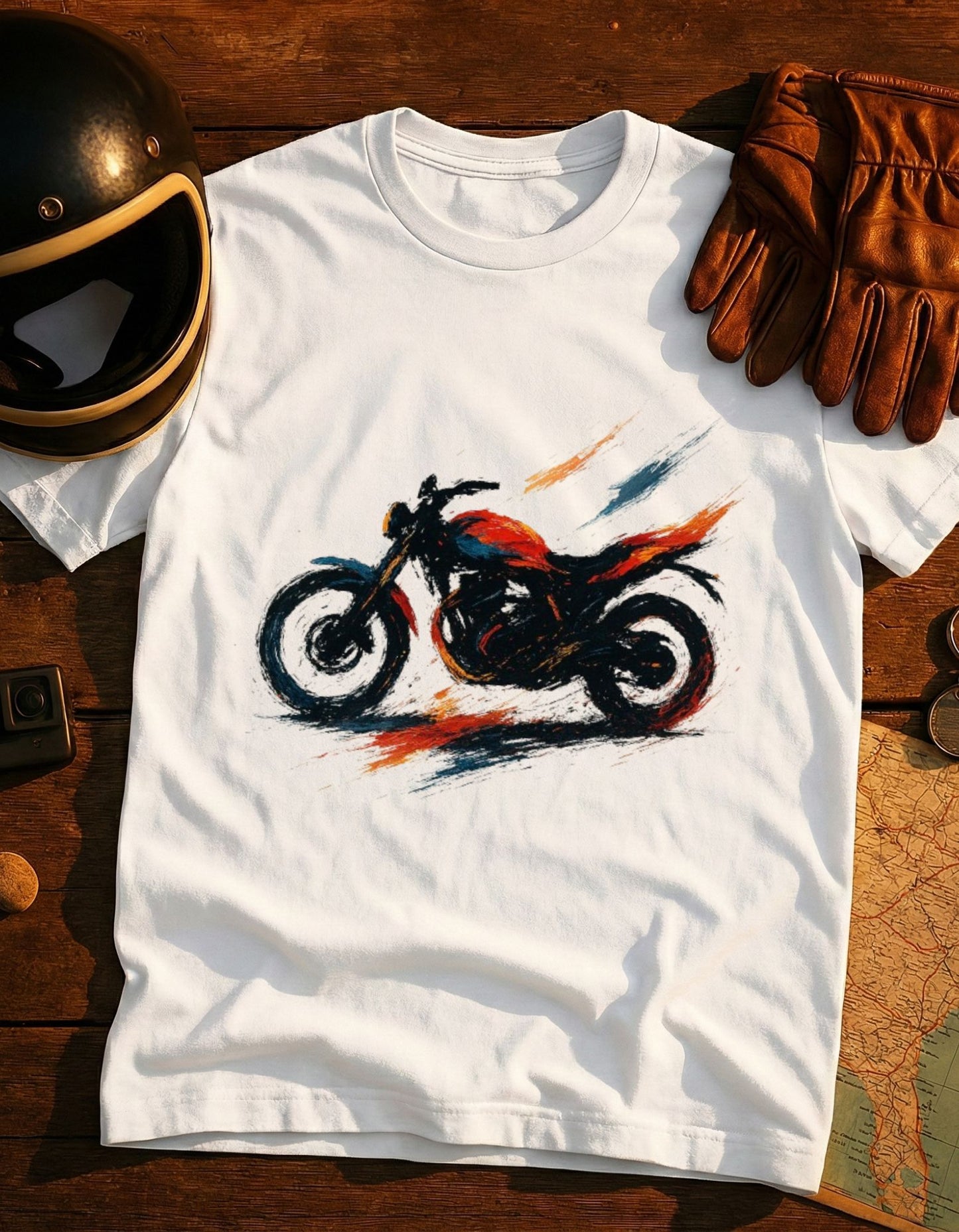Motorcycle Sketch T‑Shirt — Speedy Red & Black Bike Tee for Riders