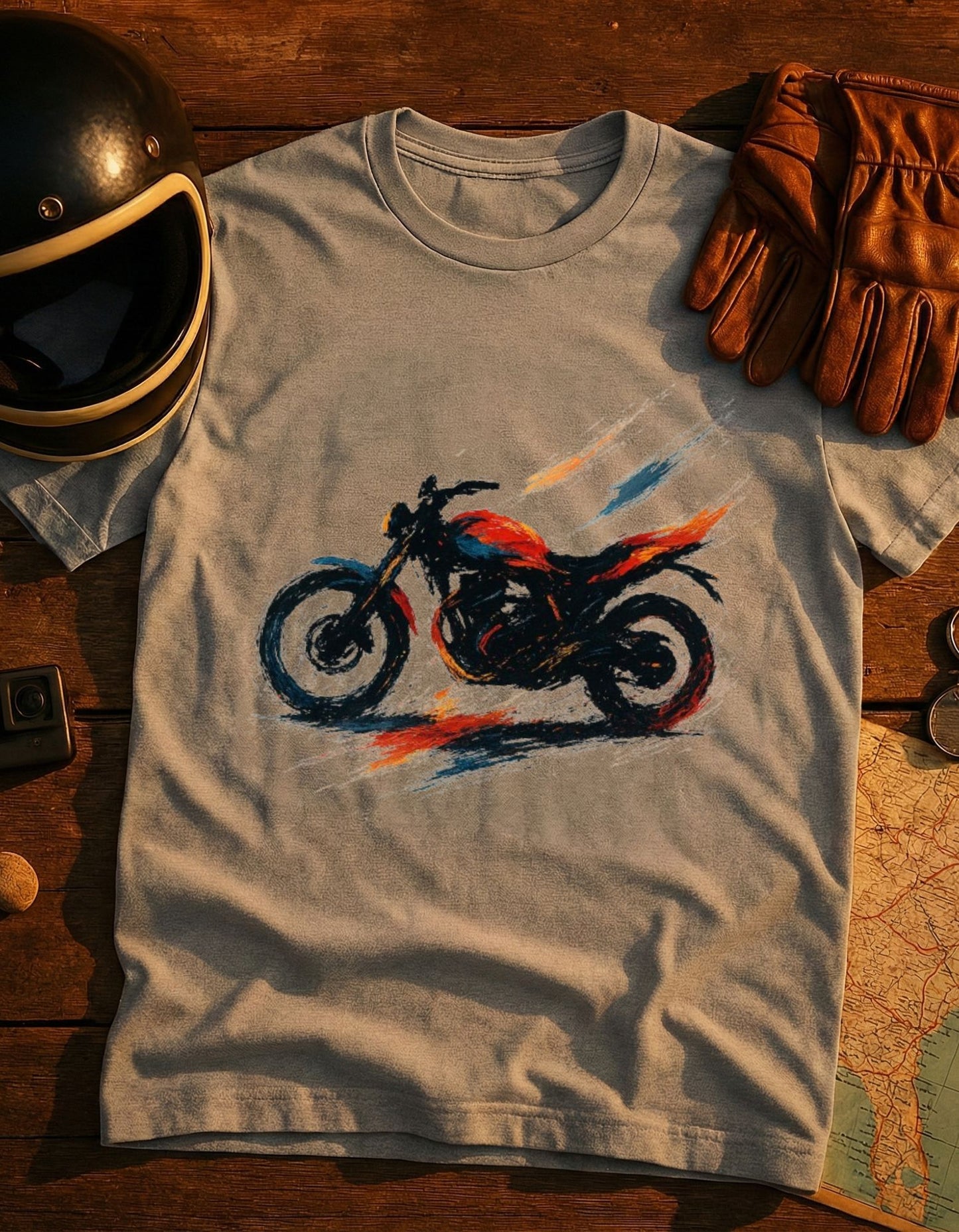 Motorcycle Sketch T‑Shirt — Speedy Red & Black Bike Tee for Riders