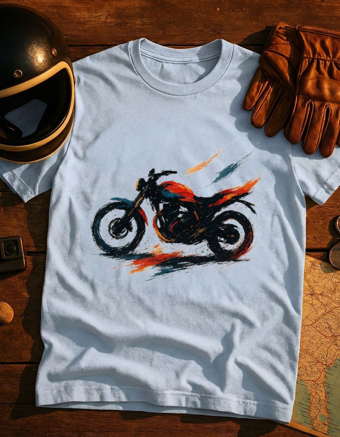 Motorcycle Sketch T‑Shirt — Speedy Red & Black Bike Tee for Riders