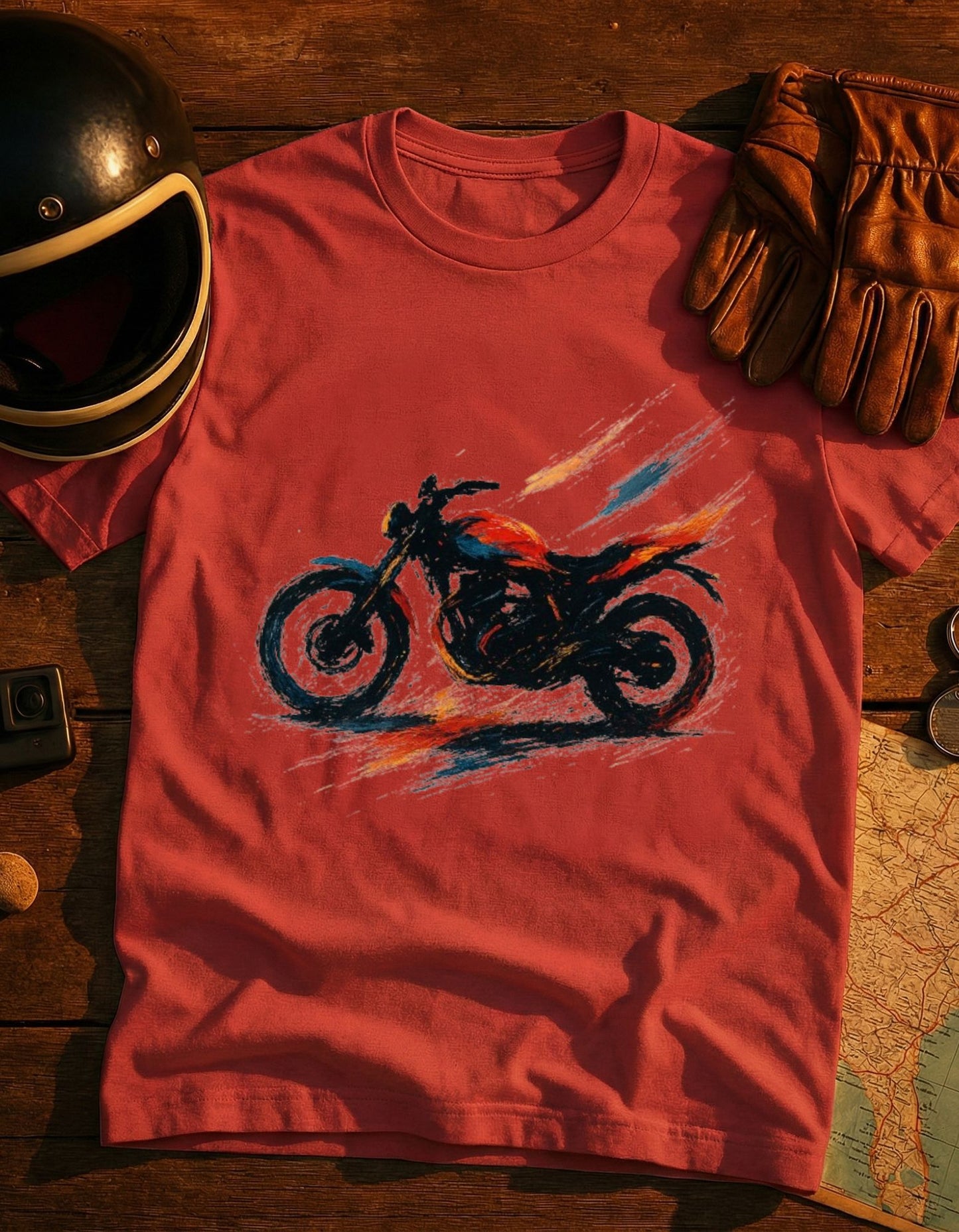 Motorcycle Sketch T‑Shirt — Speedy Red & Black Bike Tee for Riders