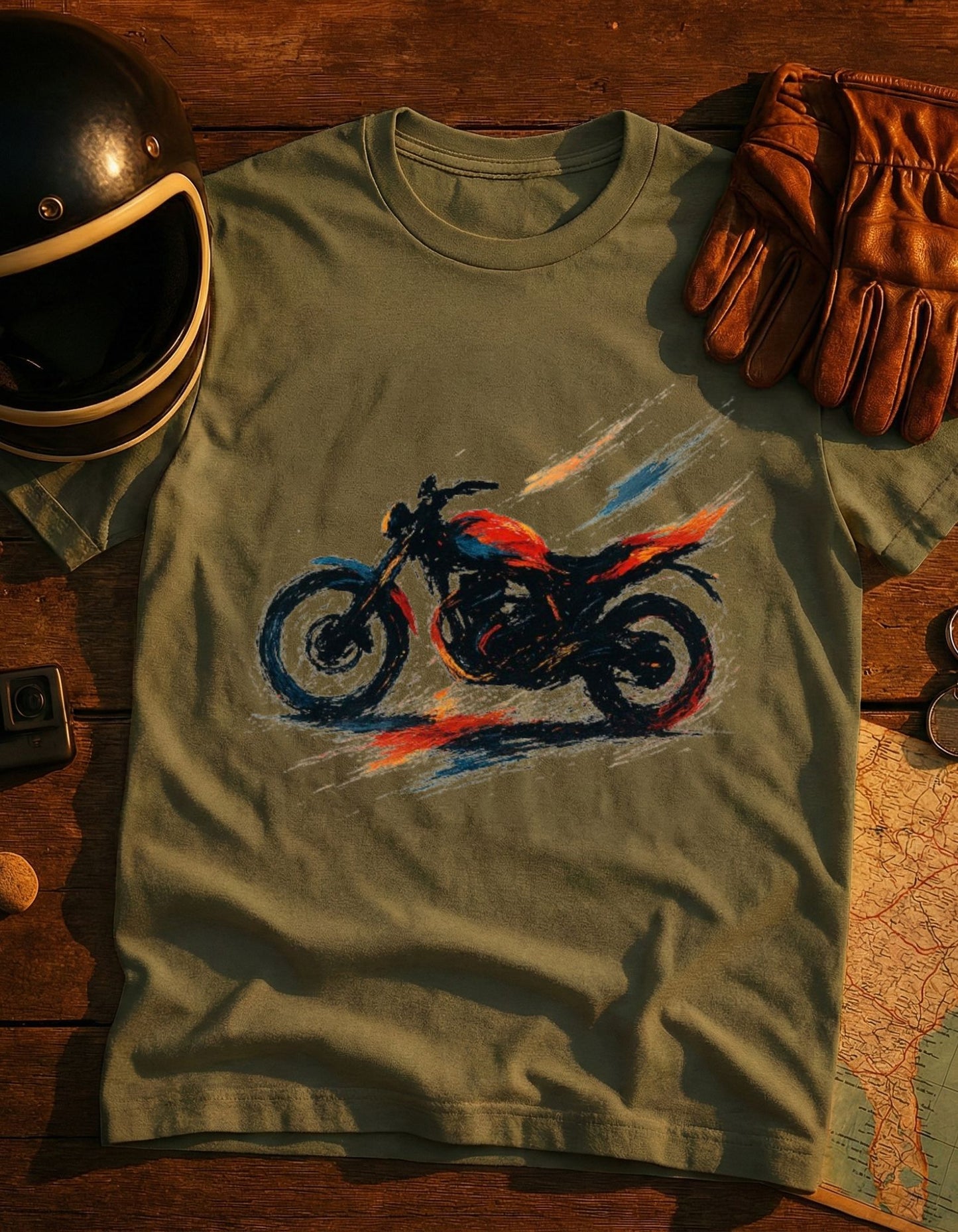 Motorcycle Sketch T‑Shirt — Speedy Red & Black Bike Tee for Riders