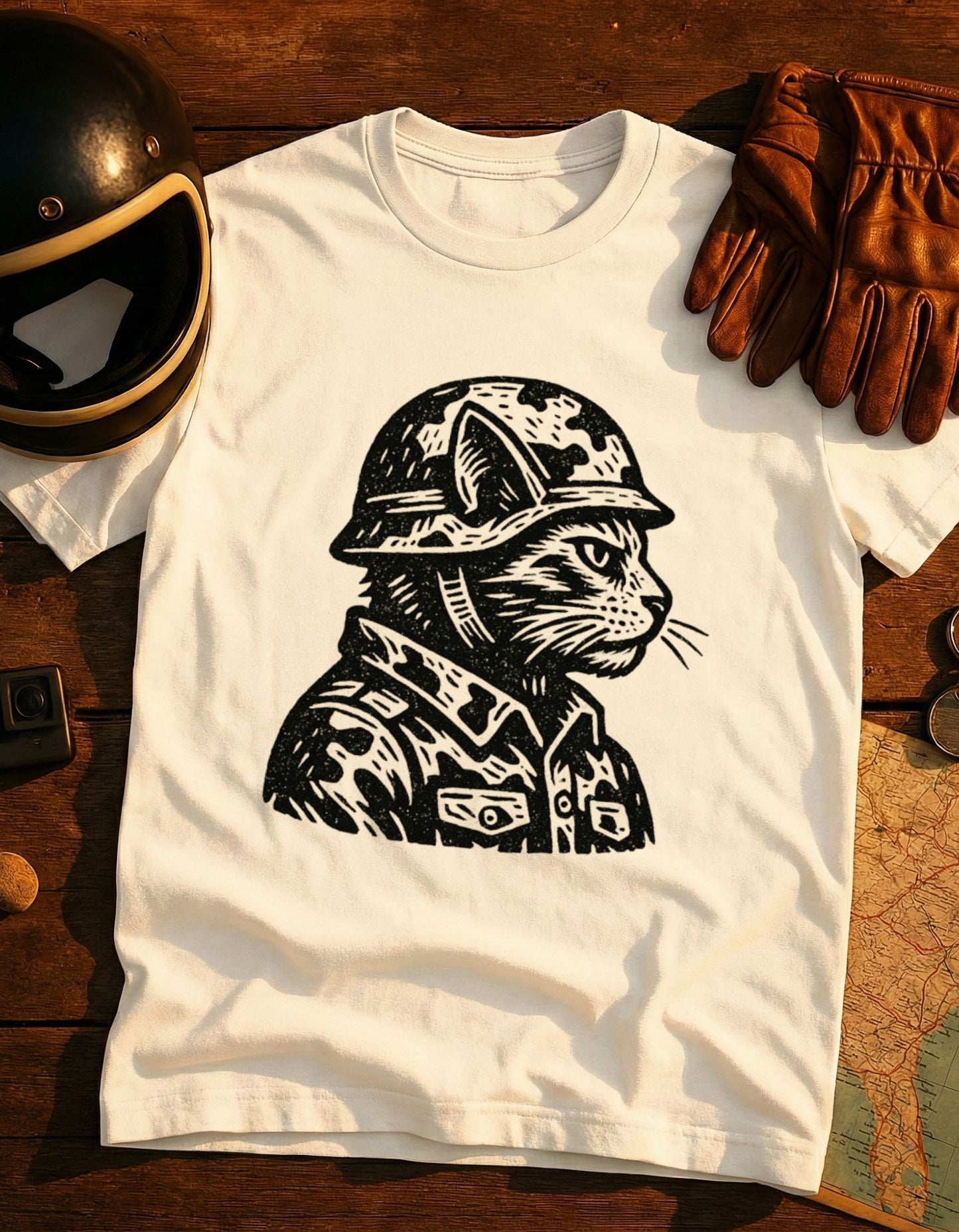 Veteran Cat Military T-Shirt — Camouflage Cat in Helmet Graphic Tee
