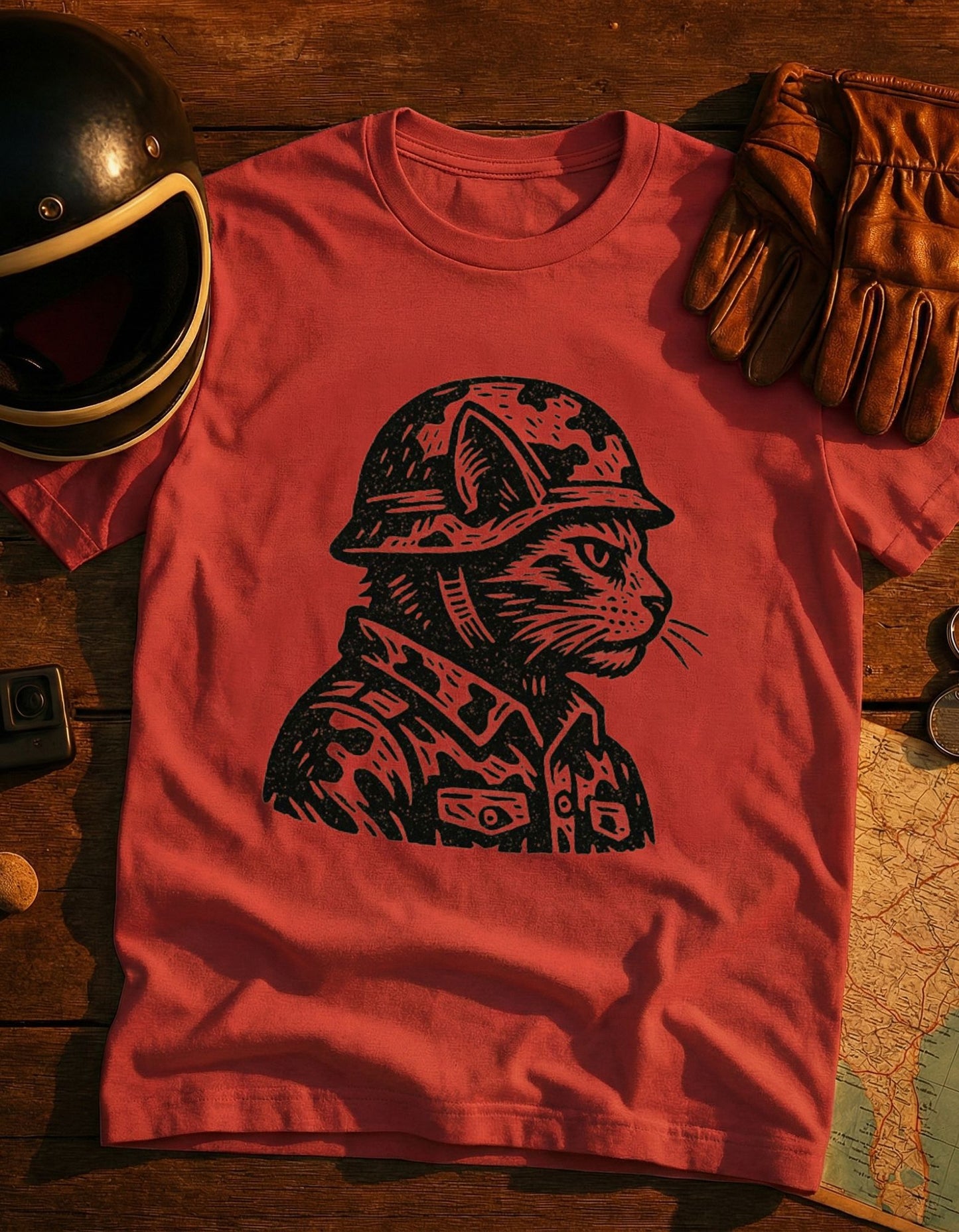 Veteran Cat Military T-Shirt — Camouflage Cat in Helmet Graphic Tee