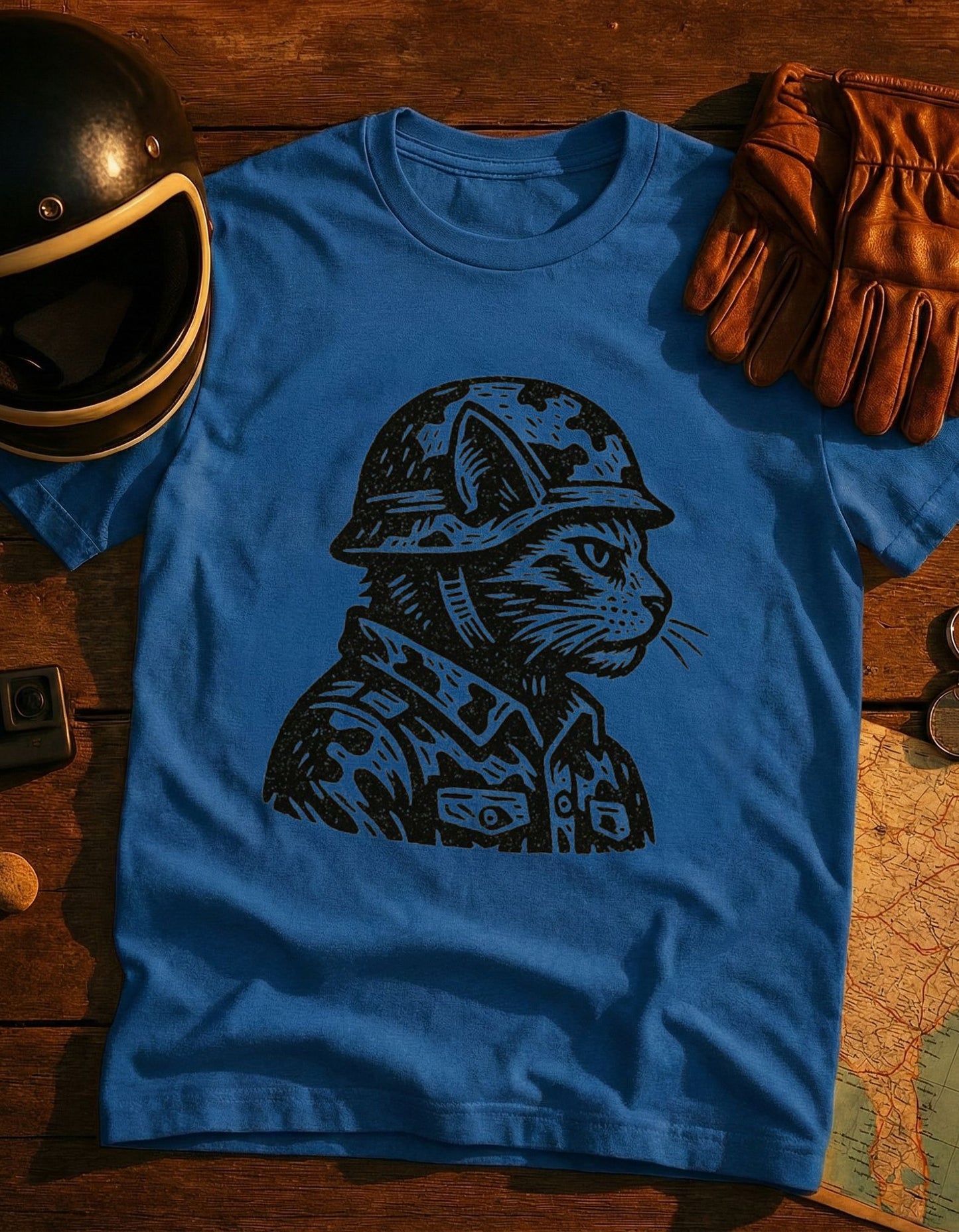 Veteran Cat Military T-Shirt — Camouflage Cat in Helmet Graphic Tee