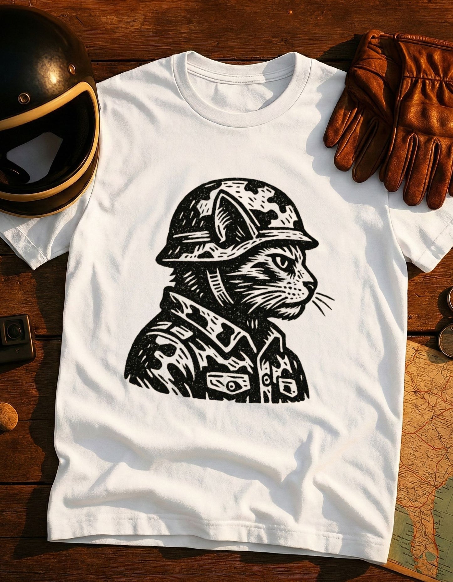 Veteran Cat Military T-Shirt — Camouflage Cat in Helmet Graphic Tee