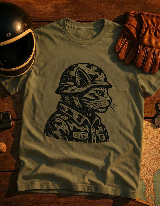 Veteran Cat Military T-Shirt — Camouflage Cat in Helmet Graphic Tee