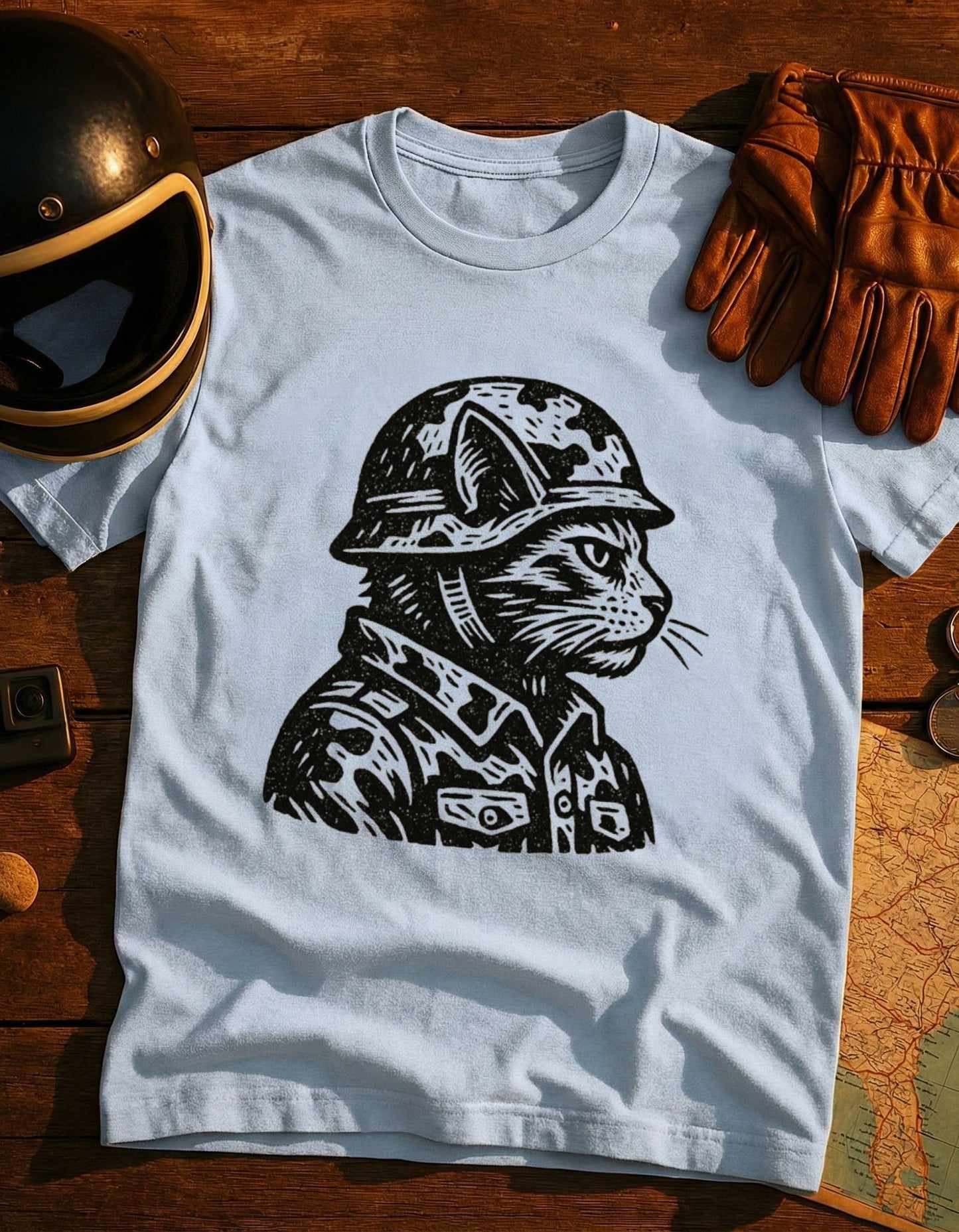 Veteran Cat Military T-Shirt — Camouflage Cat in Helmet Graphic Tee