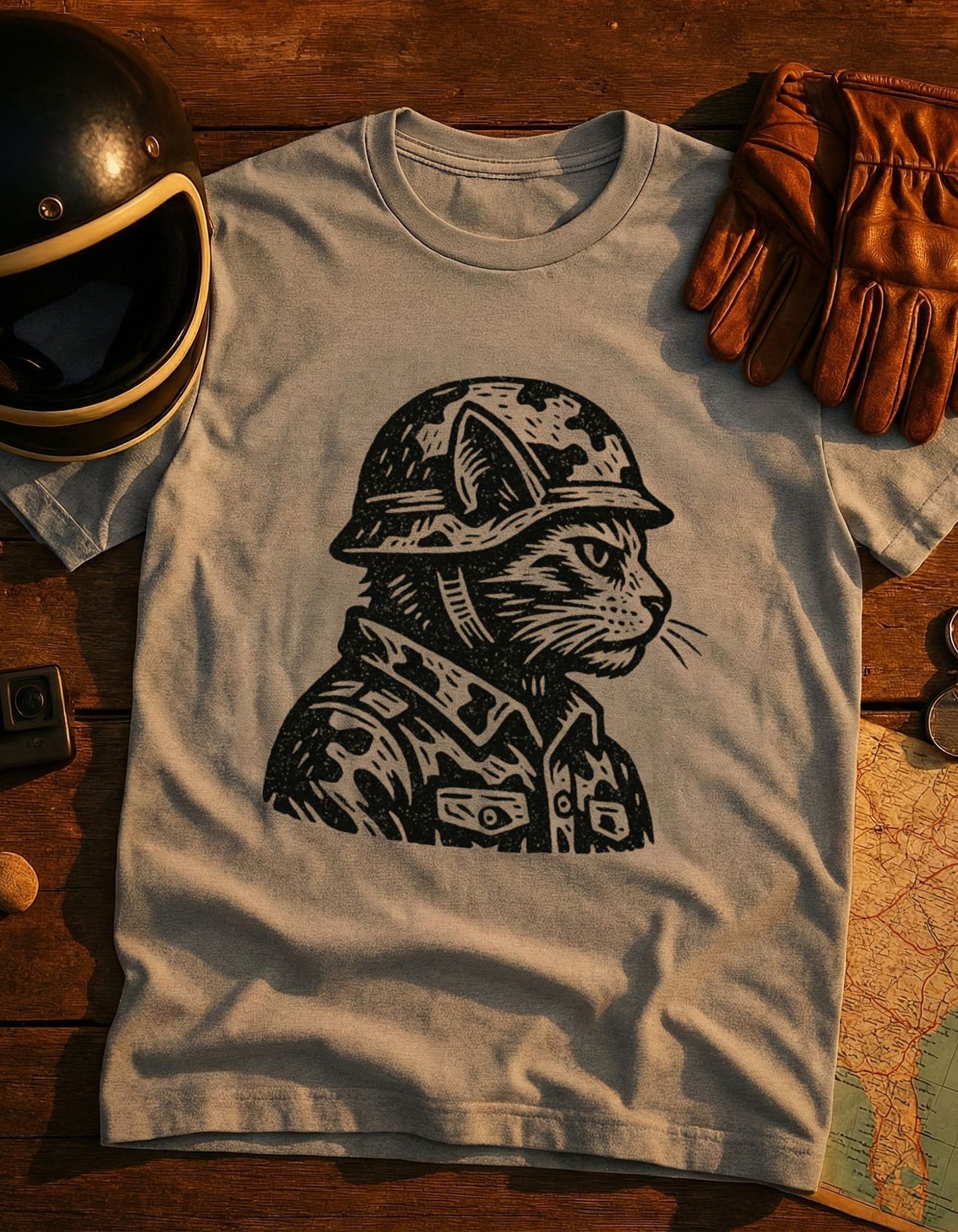 Veteran Cat Military T-Shirt — Camouflage Cat in Helmet Graphic Tee