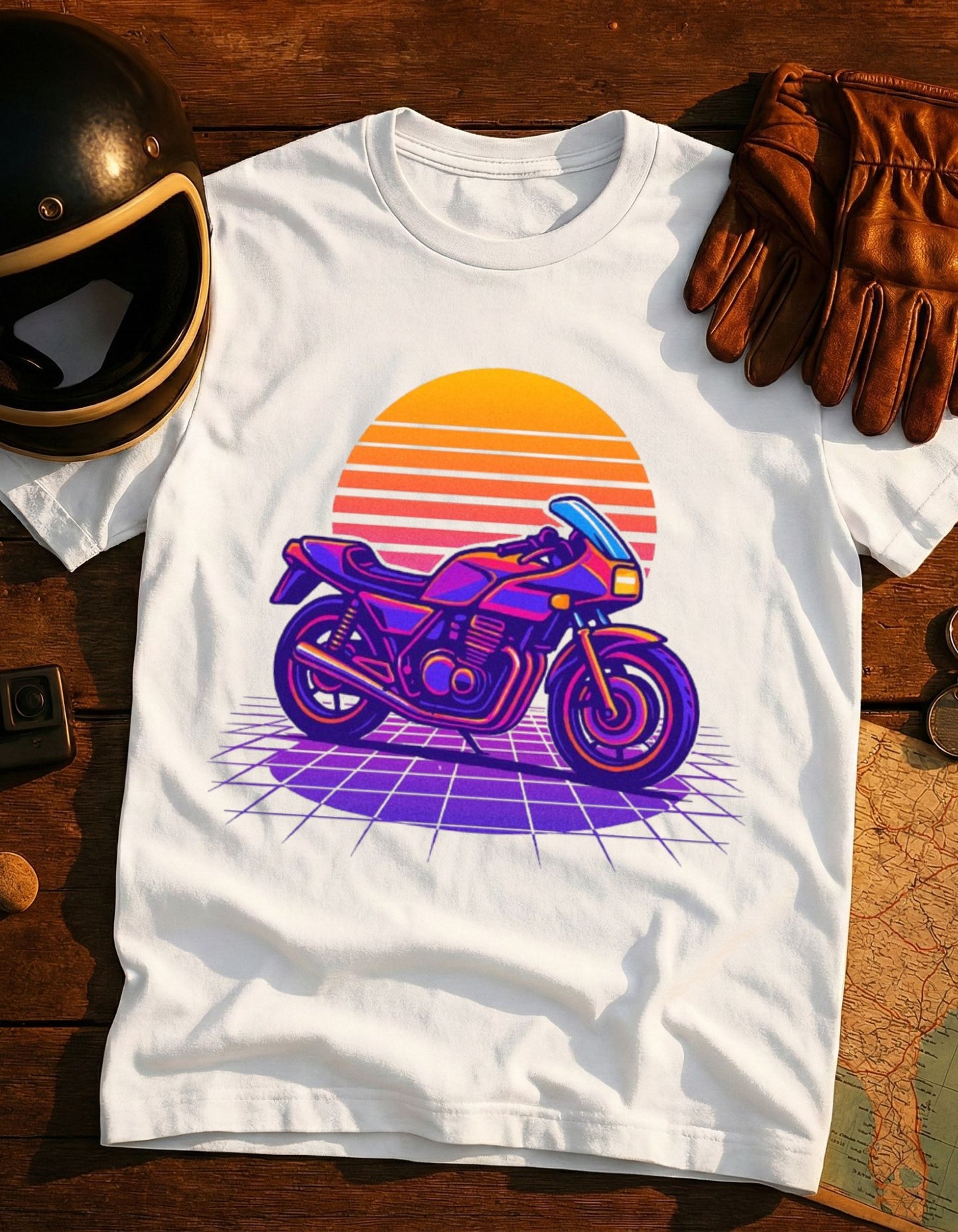 Retro Sunset Motorcycle T-Shirt — 80s Vaporwave Bike Tee