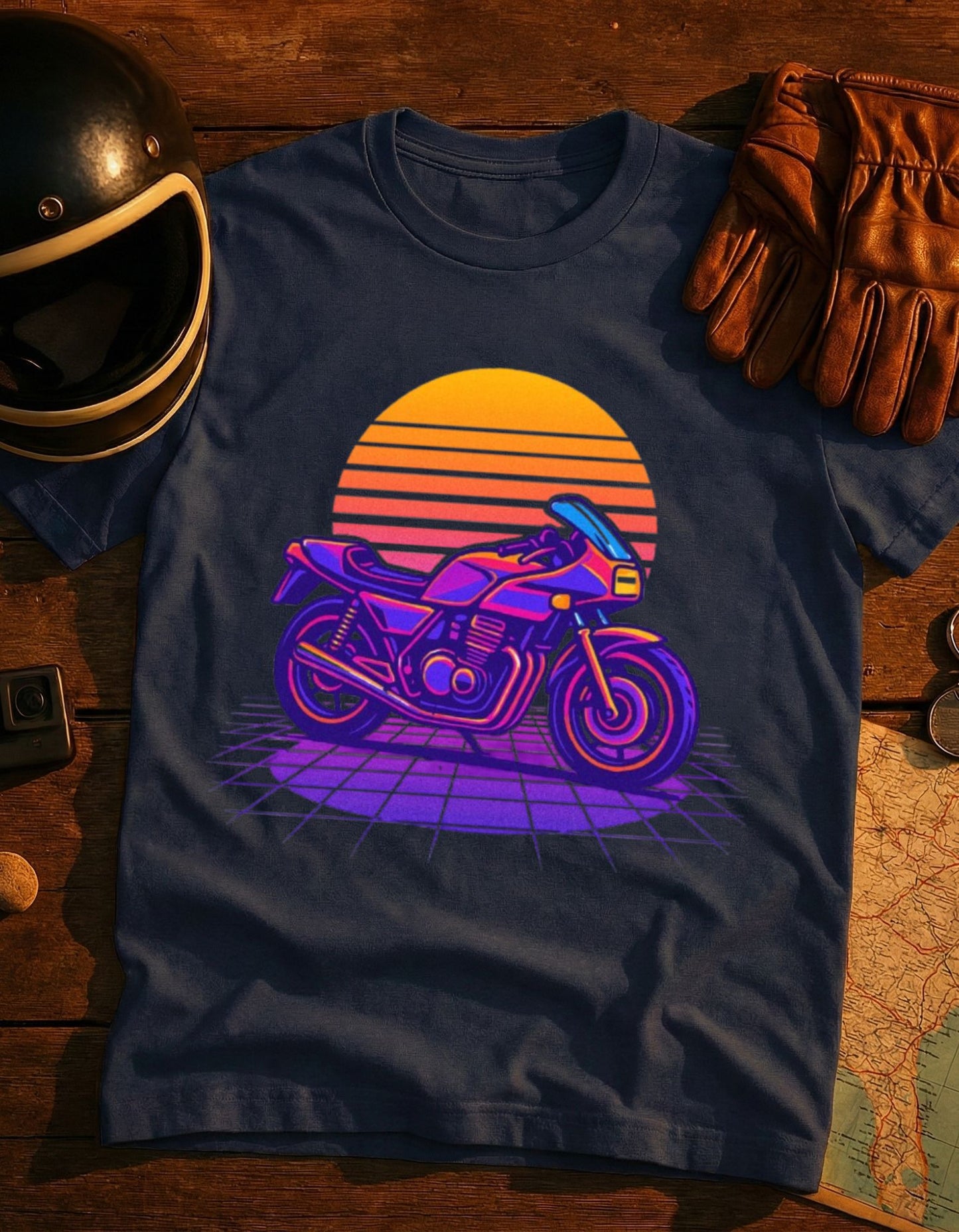 Retro Sunset Motorcycle T-Shirt — 80s Vaporwave Bike Tee