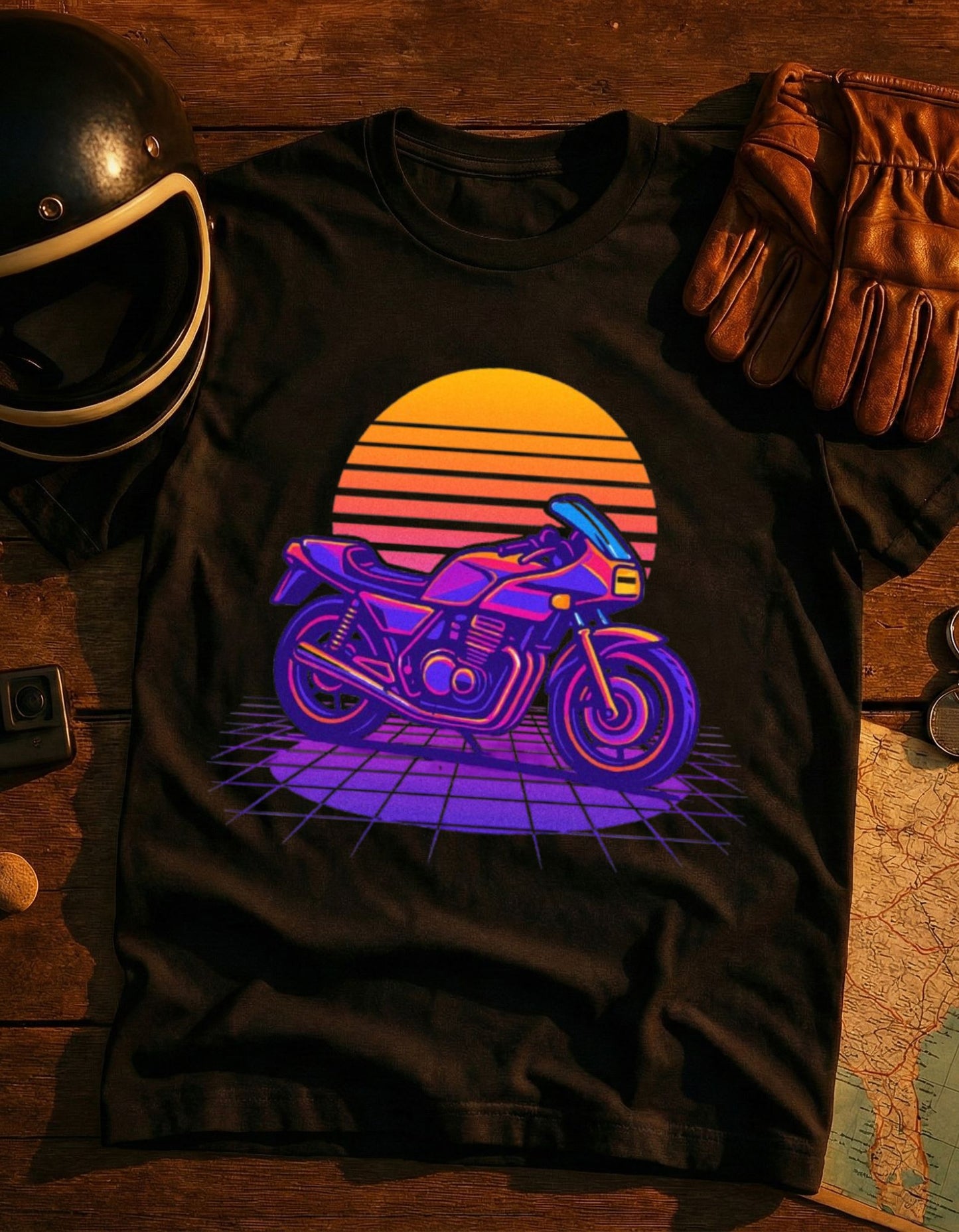 Retro Sunset Motorcycle T-Shirt — 80s Vaporwave Bike Tee